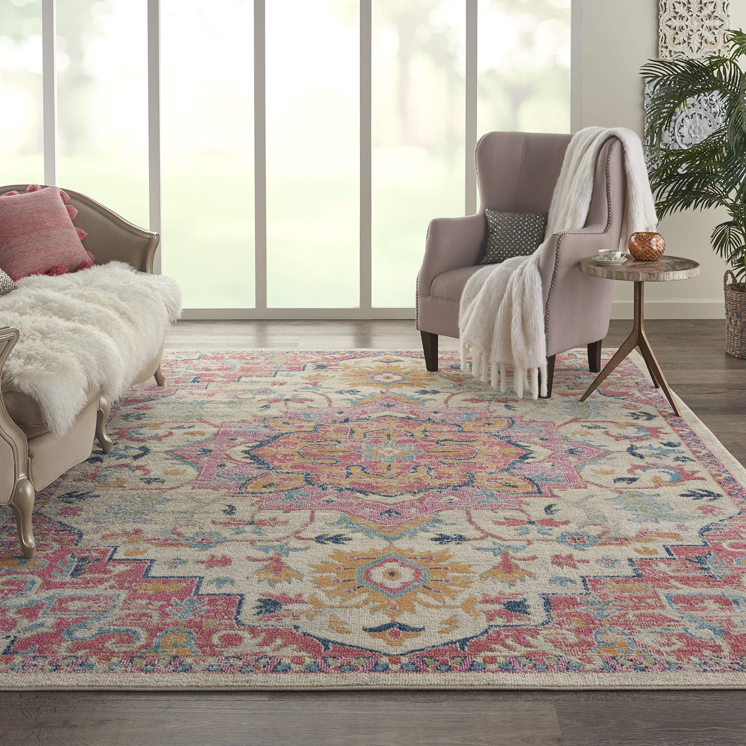 Nourison Passion Bohemian Ivory/Pink 8 x 10 Area Rug, Easy Cleaning, Non Shedding, Bed Room, Living Room, Dining Room, Kitchen