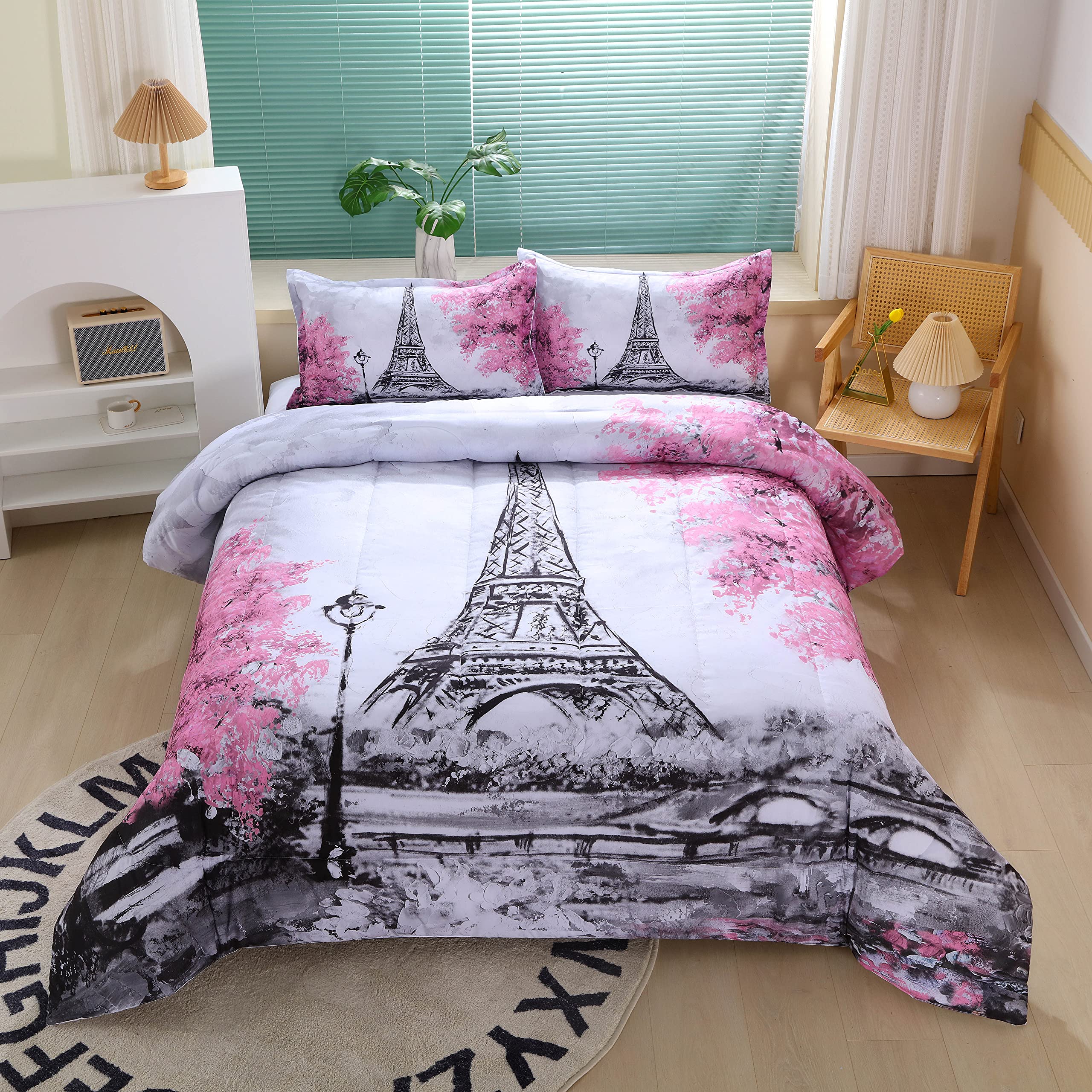 Suncloris Paris Style Comforter Set For Girls Teens, Queen Size France Eiffel Tower Bedroom Themed Bedding Comforter With 2 Roma