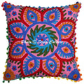 Stylo Culture Indian Floral Cushion Cover 17X17 Inches Pink Embroidered Suzani Work With Pompom Lace Cotton Square Decorative Cu