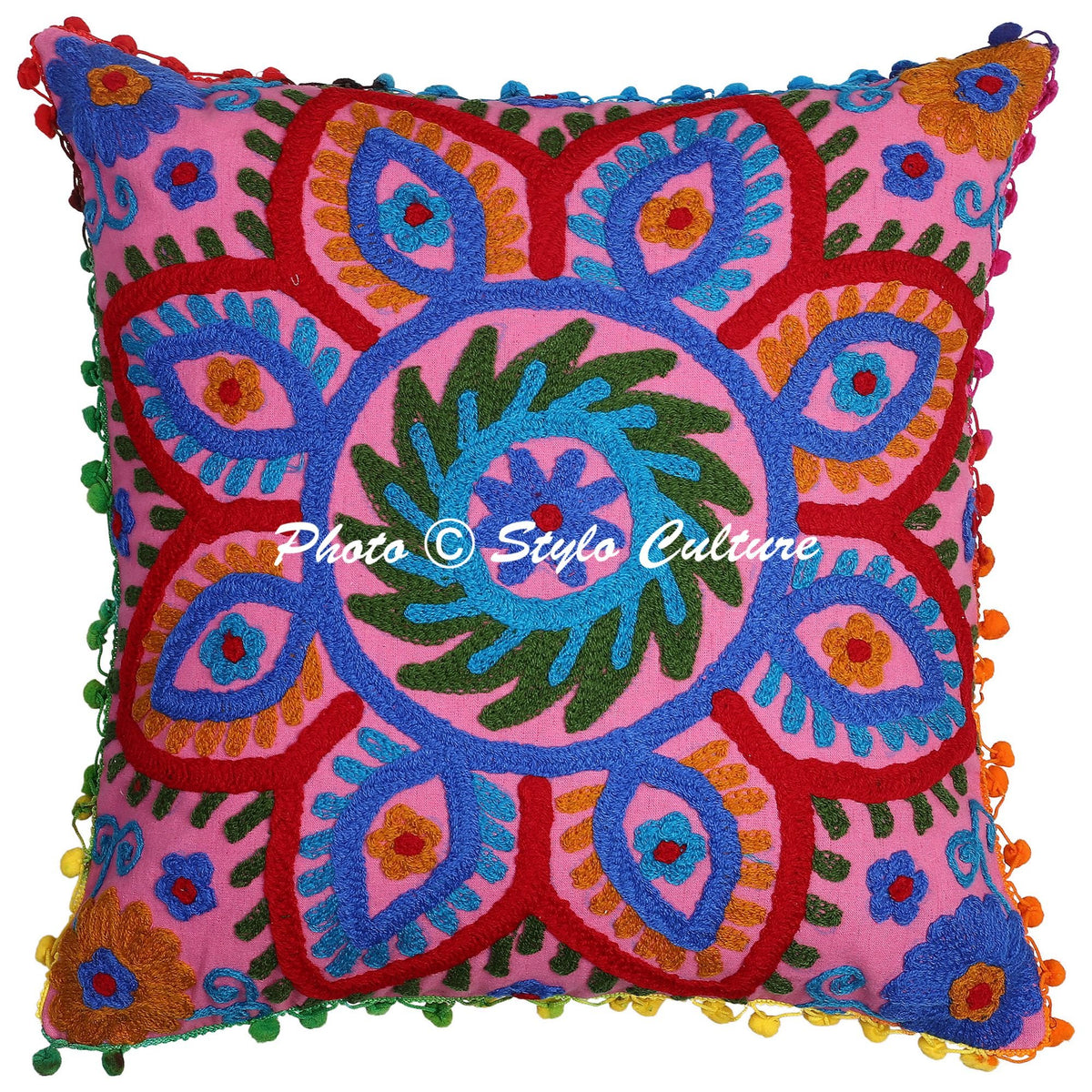 Stylo Culture Indian Floral Cushion Cover 17X17 Inches Pink Embroidered Suzani Work With Pompom Lace Cotton Square Decorative Cu