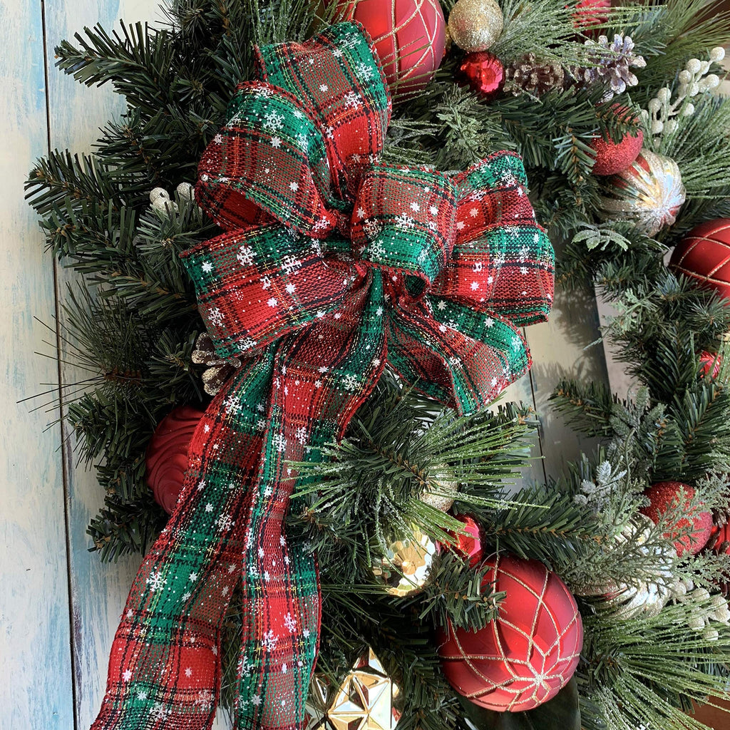 Snowflake Plaid Christmas Wreath Bow - 10' Wide, 18' Long Pre-Tied Bow, Door Decoration, Gift Basket, Swag, Garland, Fall Deco
