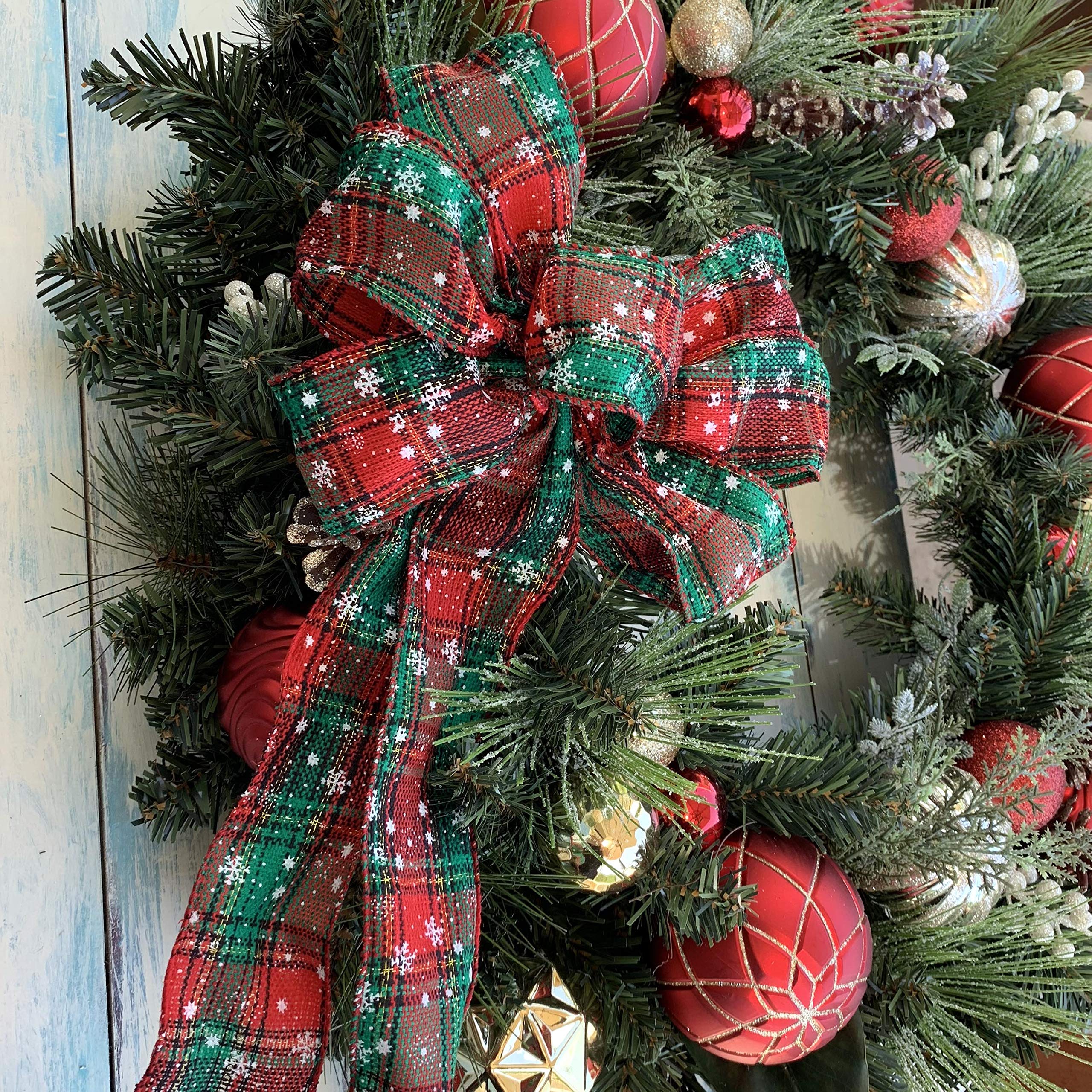 Snowflake Plaid Christmas Wreath Bow - 10' Wide, 18' Long Pre-Tied Bow, Door Decoration, Gift Basket, Swag, Garland, Fall Deco