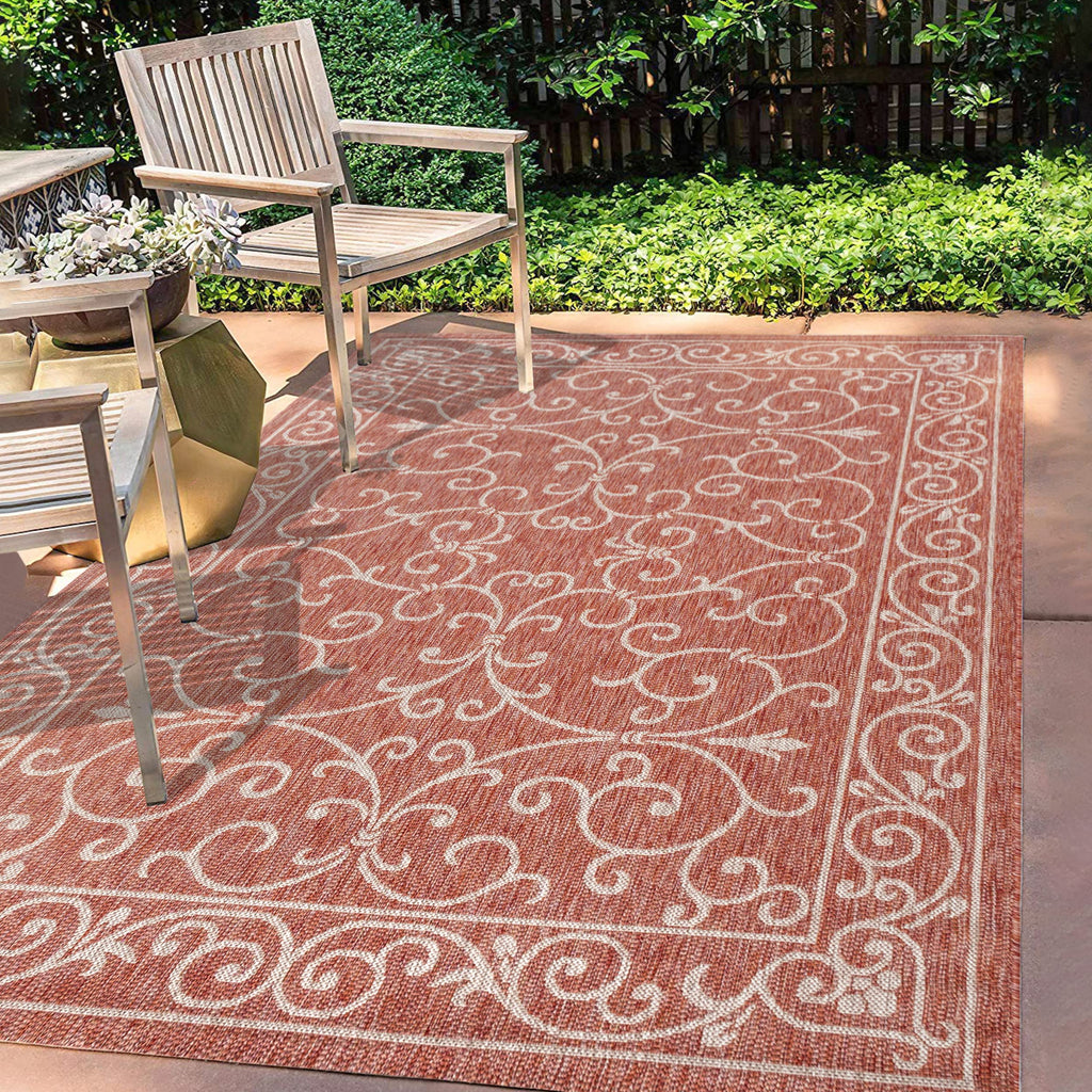 Jonathan Y Charleston Vintage Filigree Textured Weave Indoor/Outdoor Red/Beige 8 Ft. X 10 Ft. Area-Rug, Classic,Easy-Cleaning,Hightraffic,Livingroom,Backyard, Non Shedding (Smb106B-8)