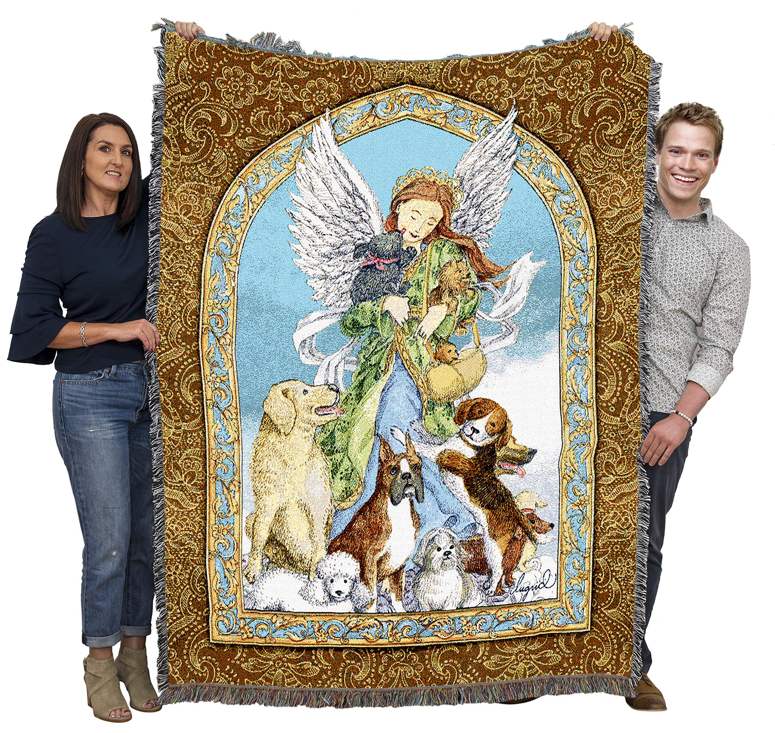 Pure Country Weavers Angel And Dogs Blanket By Ingrid - Gift For Dog Lover - Tapestry Throw Woven From Cotton - Made In The Usa