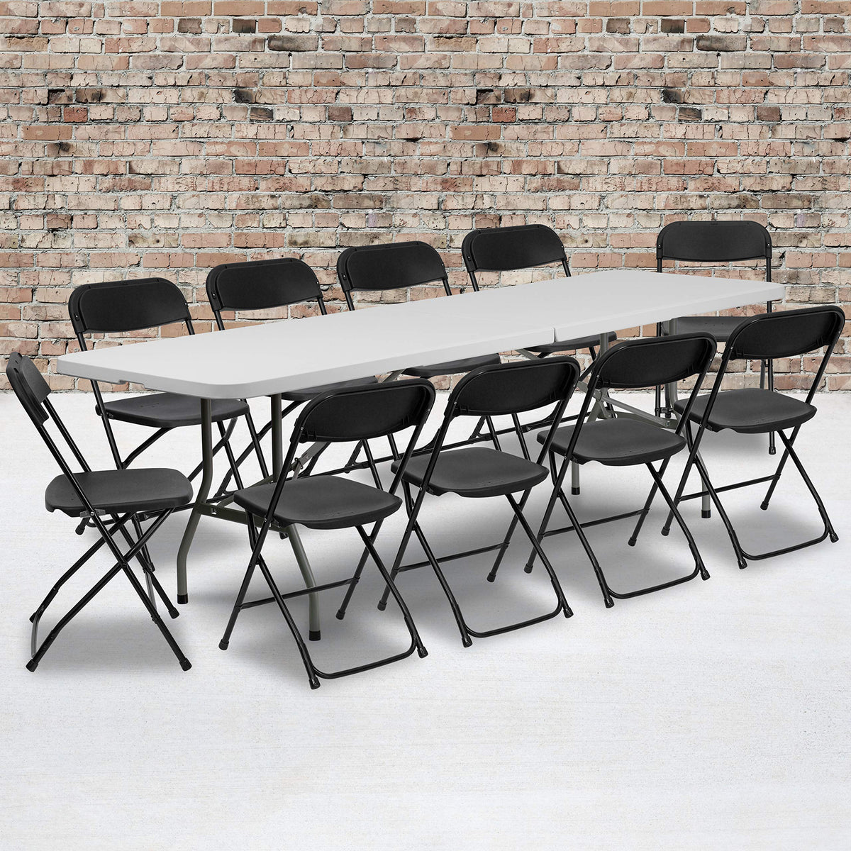 Flash Furniture 8' Plastic Bi-Fold Training Table Set with 10 Folding Chairs, 11-Piece Rectangular Folding Training Table and Chairs Set, White/Black