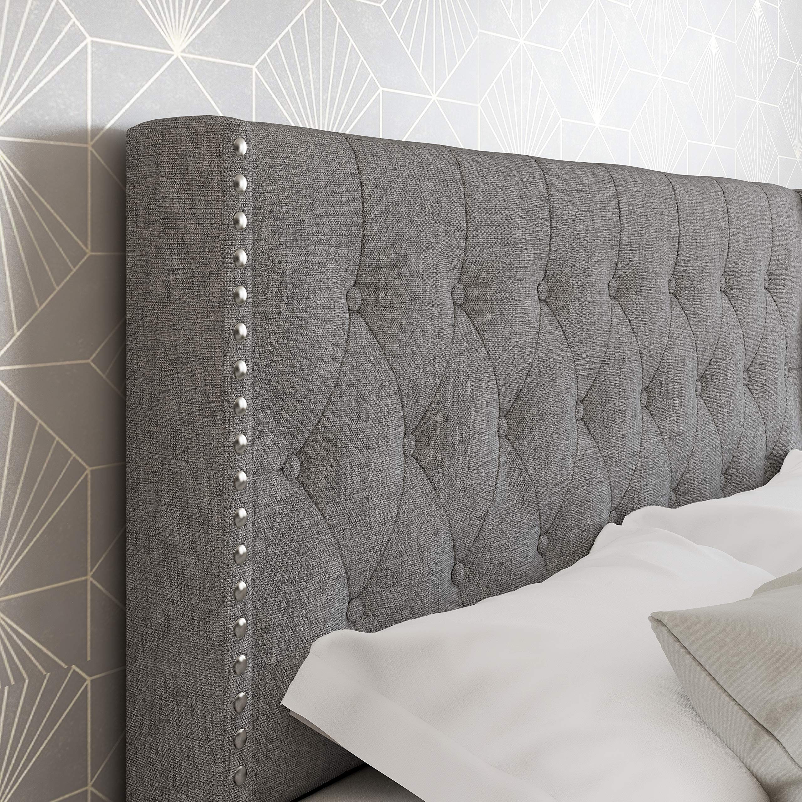 Boyd Sleep Mia Upholstered Button Tufted Platform Bed Frame Mattress Foundation With Headboard And Strong Wood Slat Supports: Linen, Grey, Queen