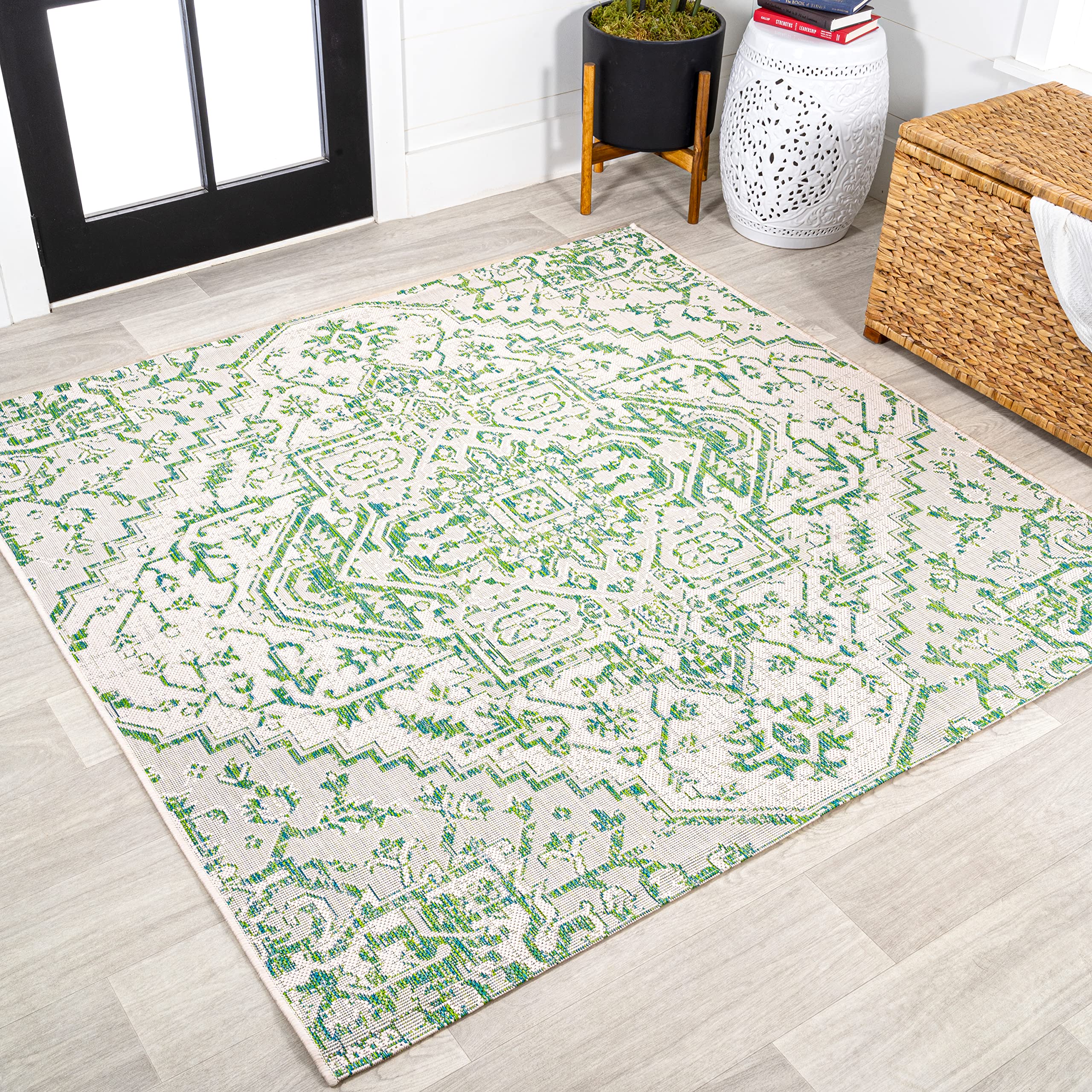 Jonathan Y Smb105G-5Sq Estrella Bohemian Medallion Textured Weave Indoor Outdoor Area Rug, Coastal Traditional Transitional Easy