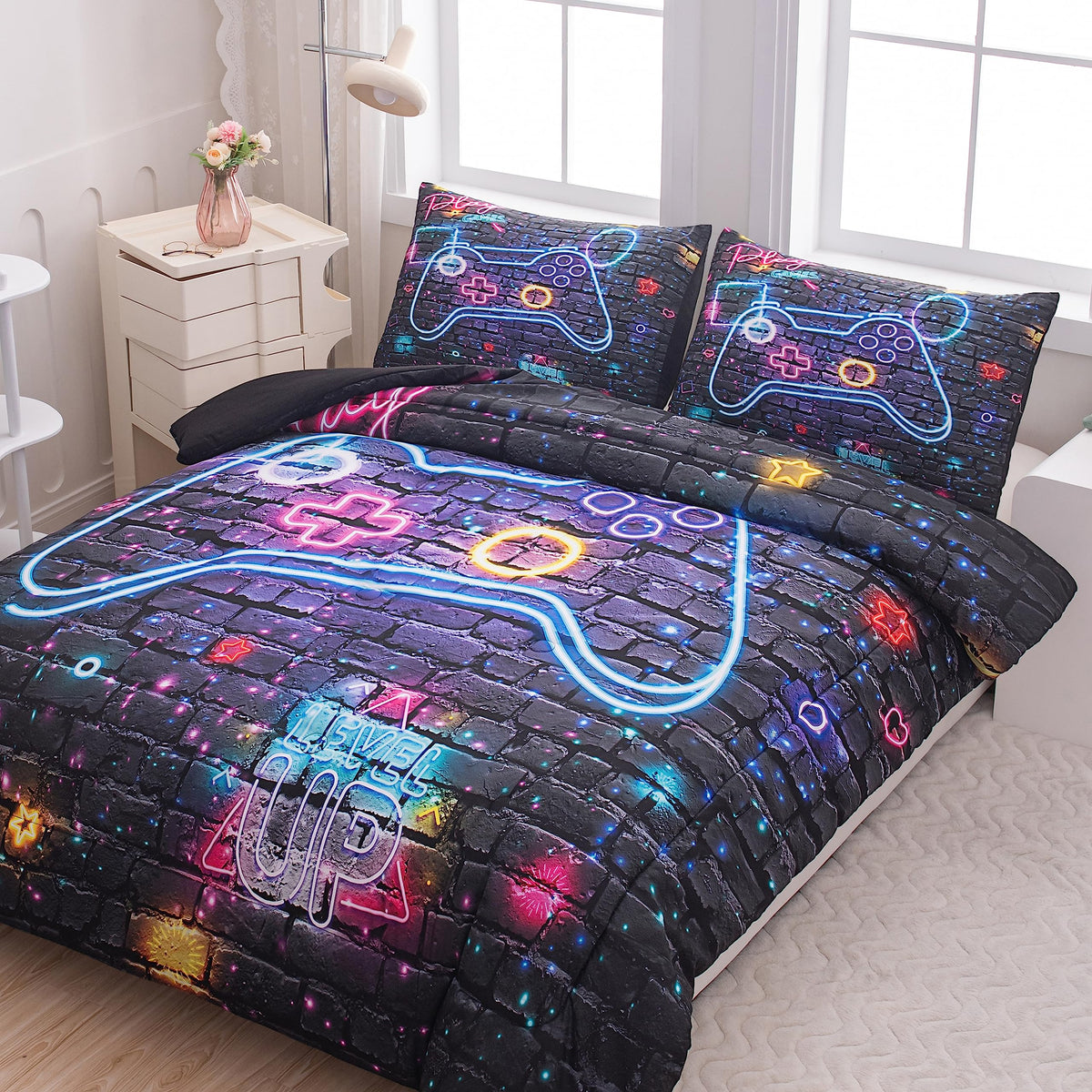 Ninenine Gaming Bedding Sets For Boys 5Pcs Queen Size Comforter Bed In A Bag Kids Teens Black Bedding Comforter Sheet Set(1Comfo
