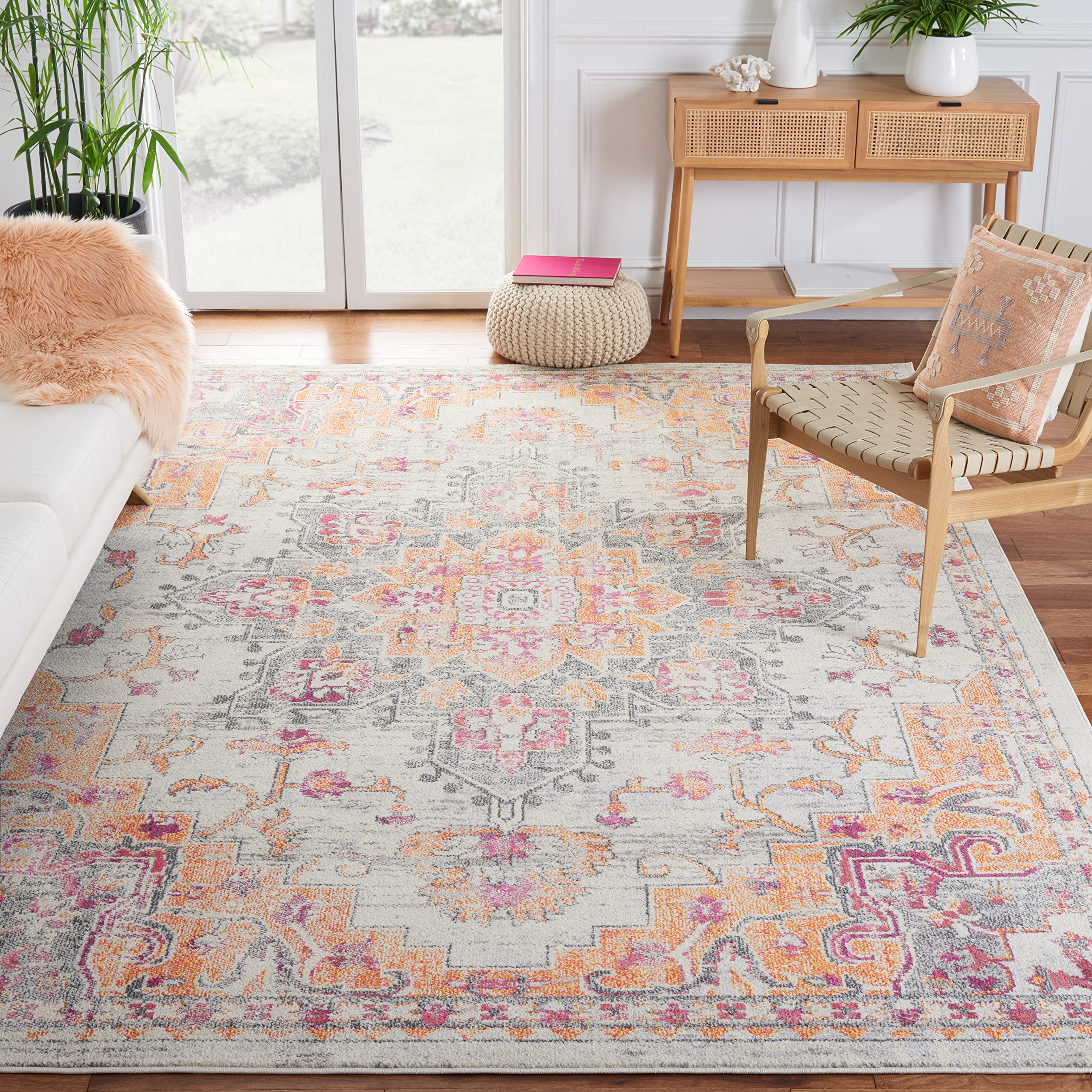 SAFAVIEH Madison Collection Area Rug - 6 x 9, Beige & Orange, Boho Chic Medallion Distressed Design, Non-Shedding & Easy Care,