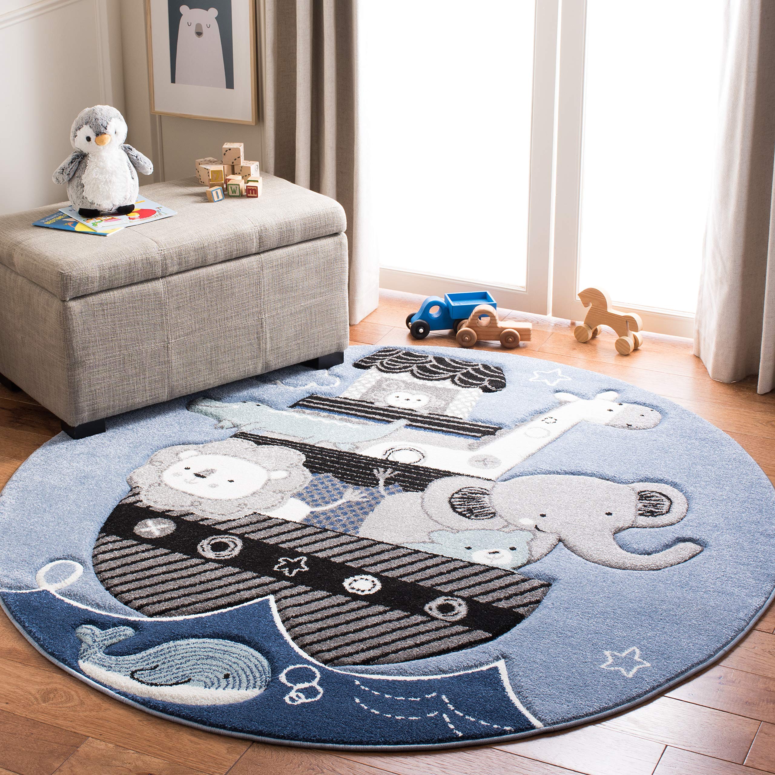 SAFAVIEH Carousel Kids Collection Area Rug - 53 Round, Blue & Grey, Animal Design, Non-Shedding & Easy Care, Ideal for High Tra