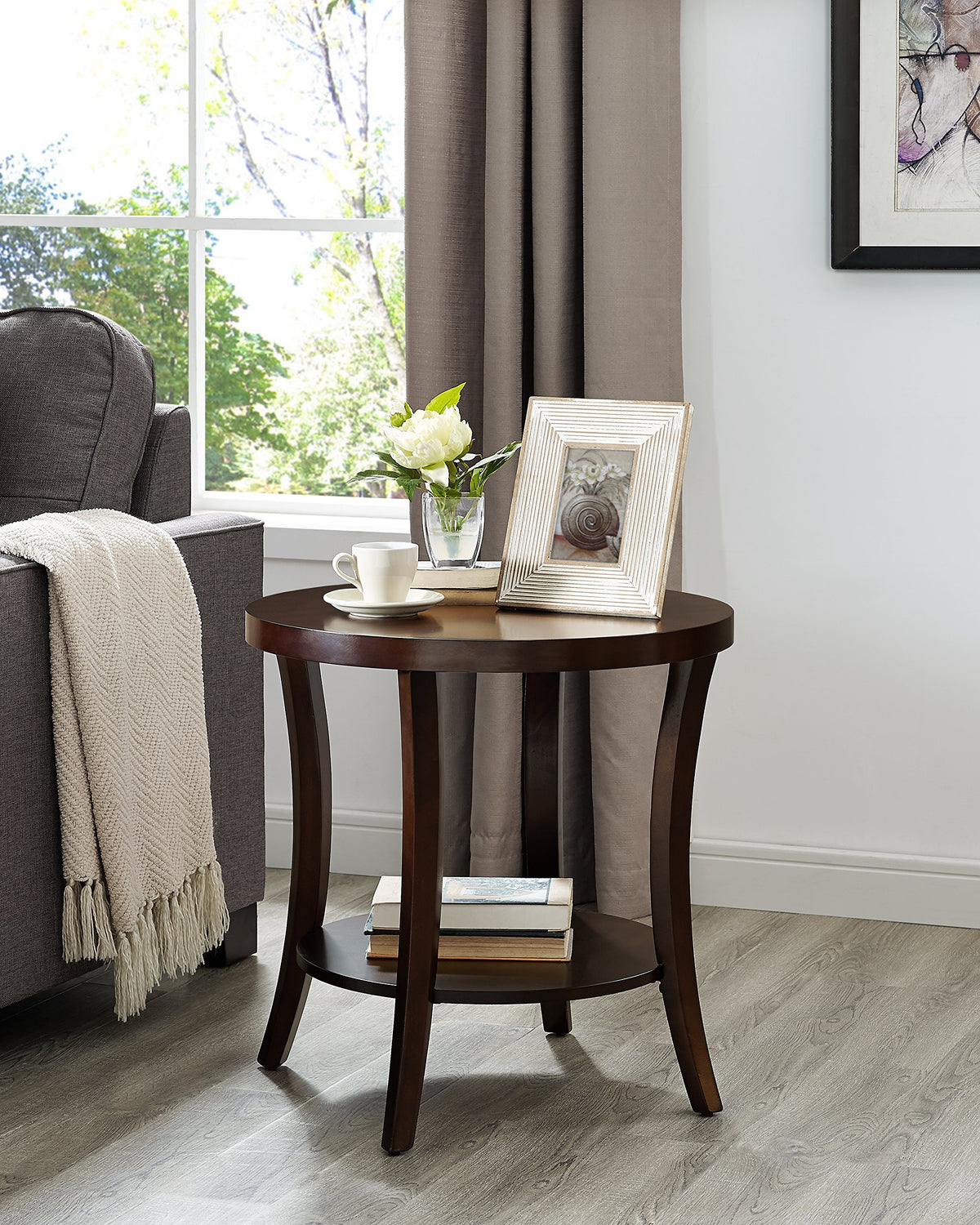 Roundhill Furniture Perth Contemporary Round End Table With Shelf, Espresso