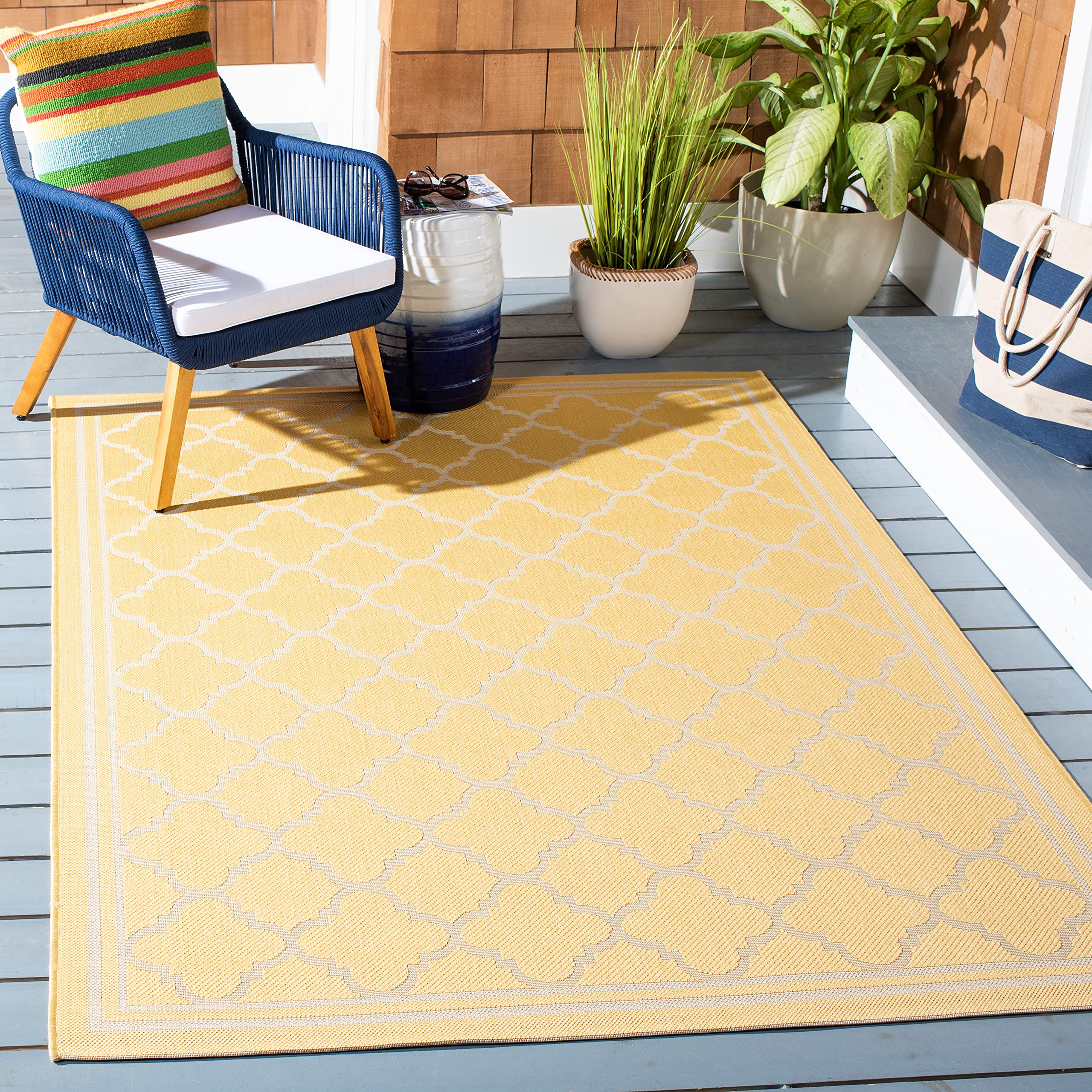 Safavieh Courtyard Collection 6'7' Square Gold/Beige Cy6918 Trellis Indoor/ Outside Waterproof Easy Cleansingpatio Backyard Mudroom Area Mat