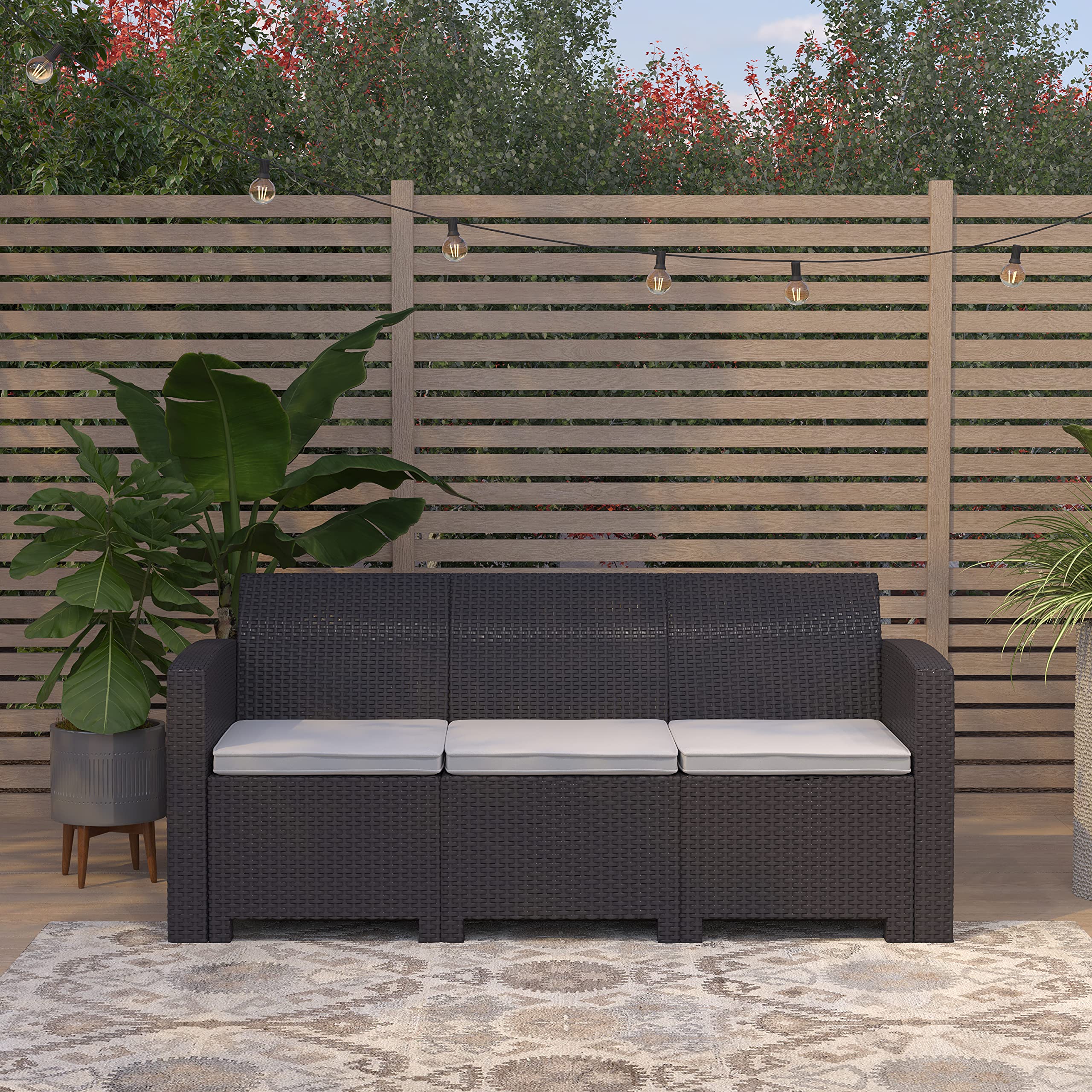Merrick Lane Malmok Outdoor Furniture Resin Sofa - Dark Gray Faux Rattan Wicker Pattern 3-Seat Sofa - All-Weather Beige Cushions