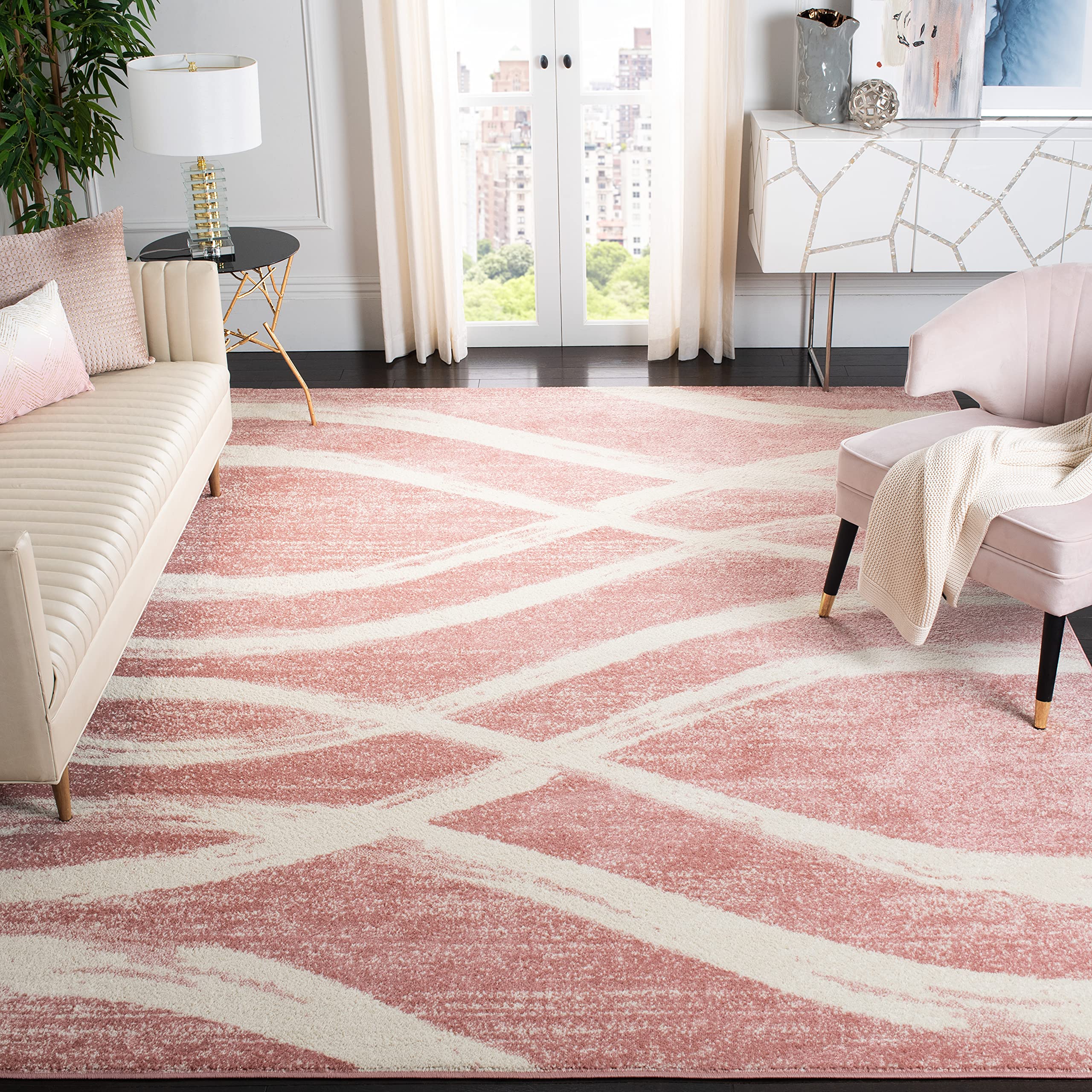 SAFAVIEH Adirondack Collection Area Rug - 9 x 12, Rose & Cream, Modern Wave Distressed Design, Non-Shedding & Easy Care, Ideal