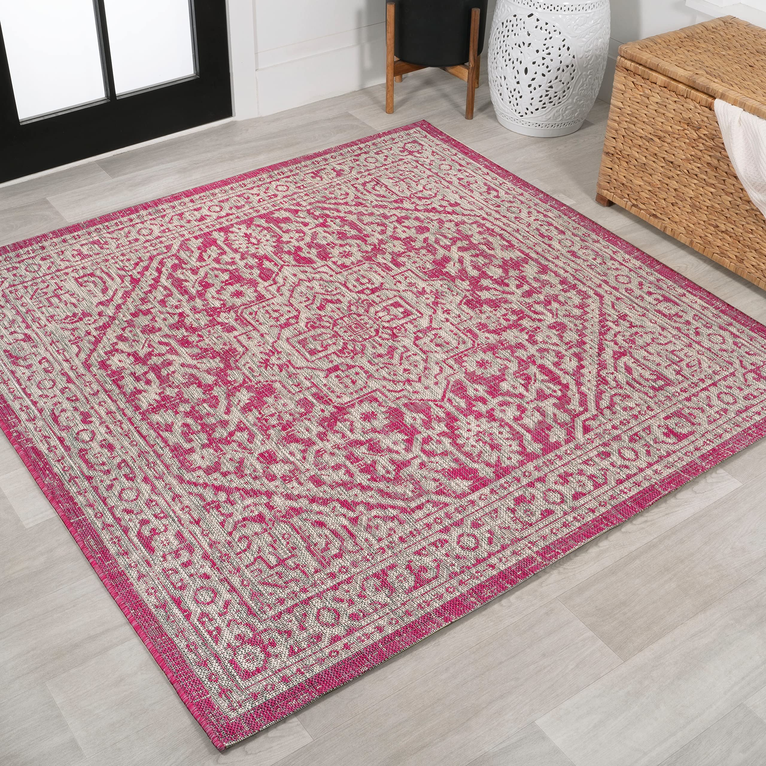 Jonathan Y Smb101G-5Sq Sinjuri Medallion Textured Weave Indoor Outdoor Area Rug, Coastal,Traditional,Transitional Easy Clean,Bed