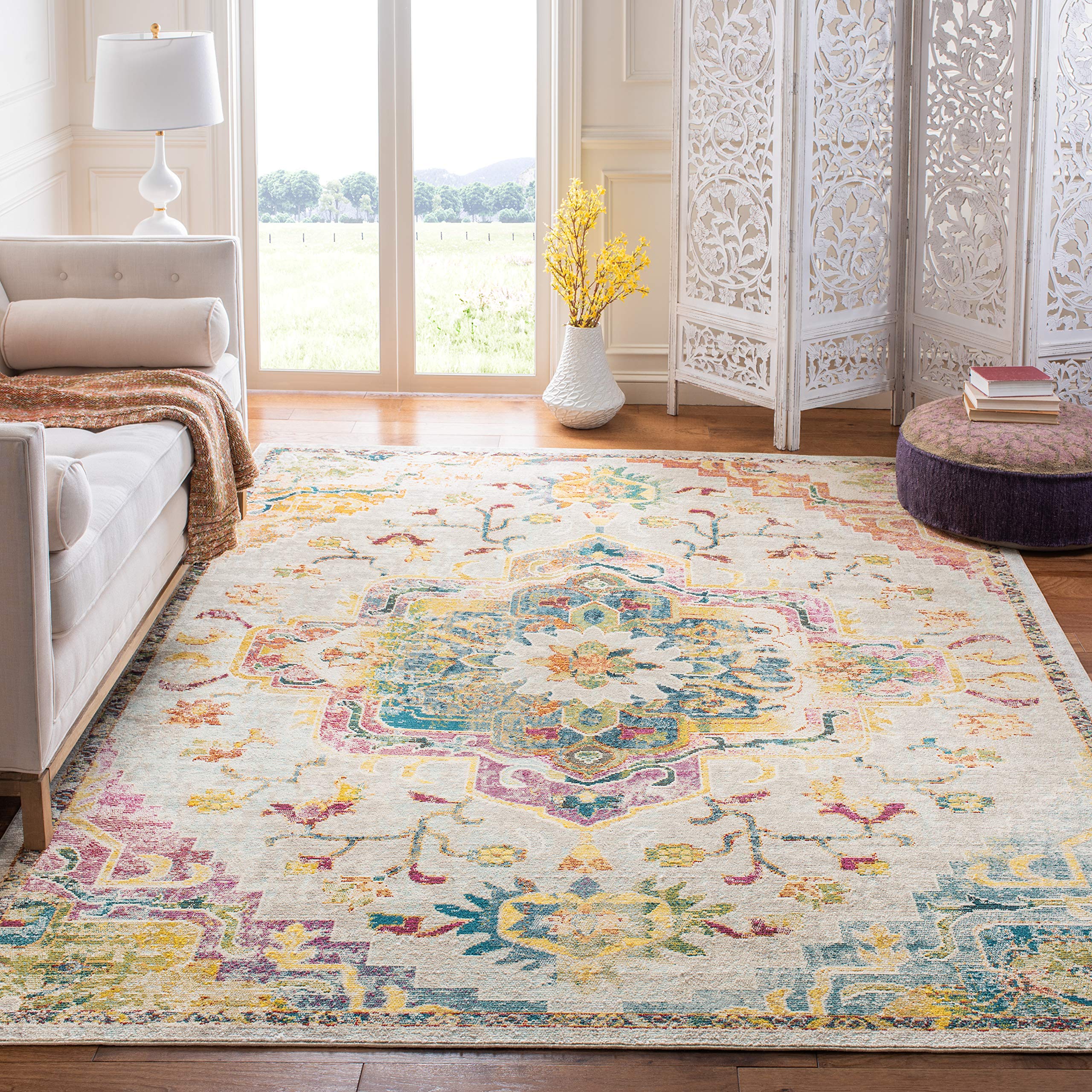 SAFAVIEH Crystal Collection Area Rug - 9 x 12, Light Blue & Grey, Medallion Distressed Design, Non-Shedding & Easy Care, Ideal