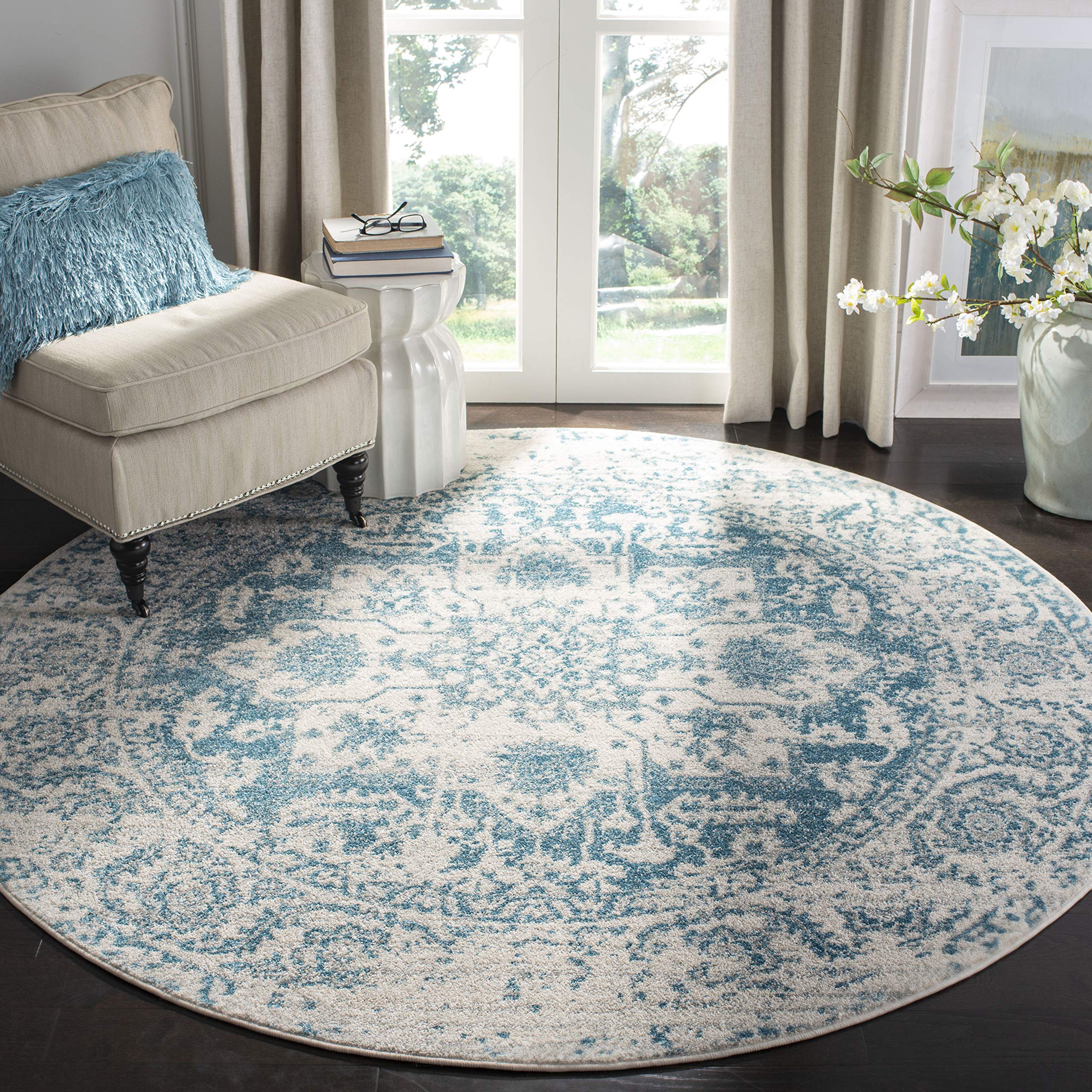 SAFAVIEH Madison Collection 9 Round Teal Ivory MAD603J Oriental Snowflake Medallion Distressed Non-Shedding Dining Room Entrywa