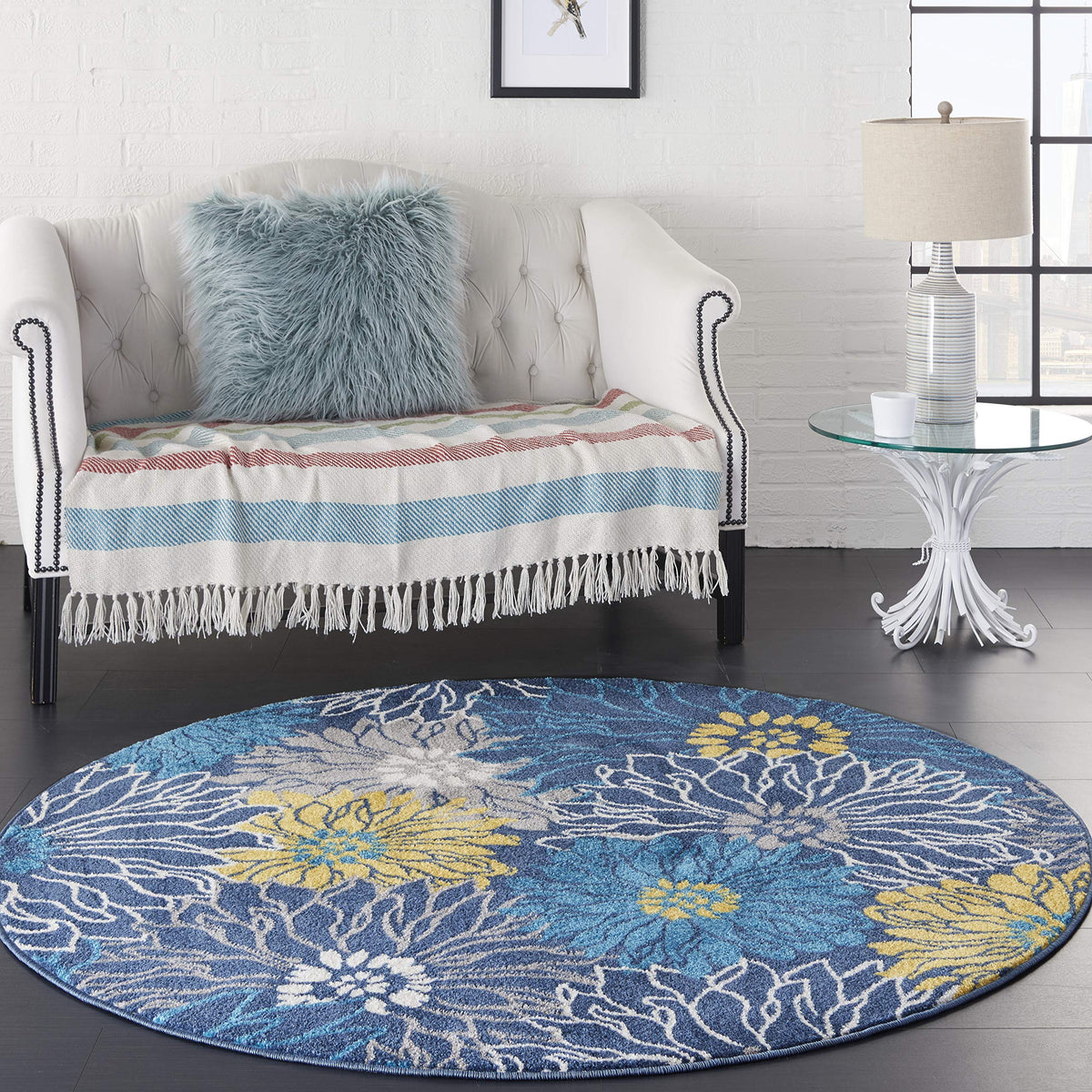 Nourison Passion Blue 5'3' X Round Area Rug, Floral, Farmhouse, Easy Cleaning, Non Shedding, Bed Room, Living Room, Dining Room, Kitchen, (5' Round)