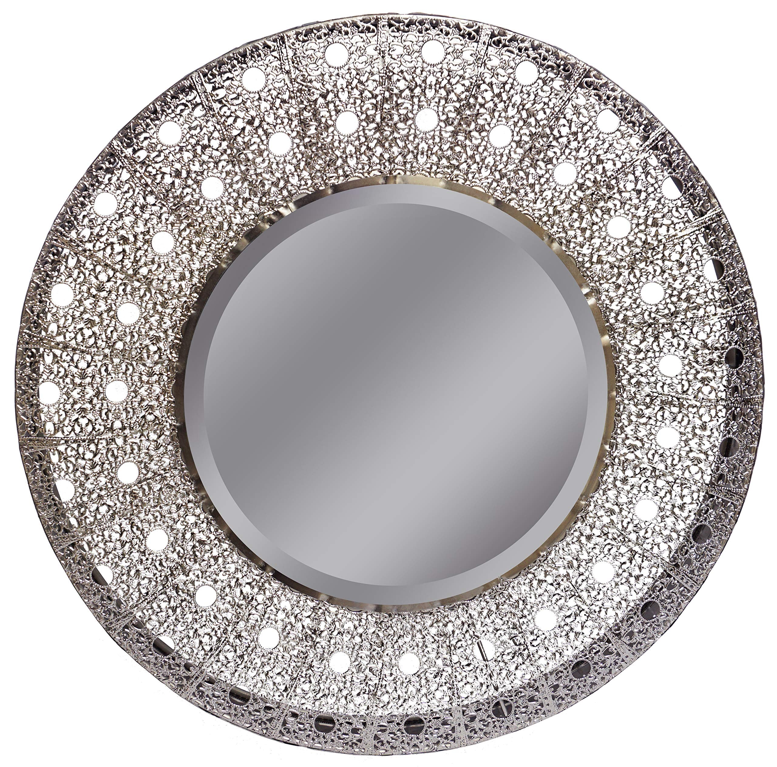 Lulu Decor, 19 Oriental Round Silver Metal Beveled Wall Mirror, Decorative Mirror for Home & Office (Oriental 19)
