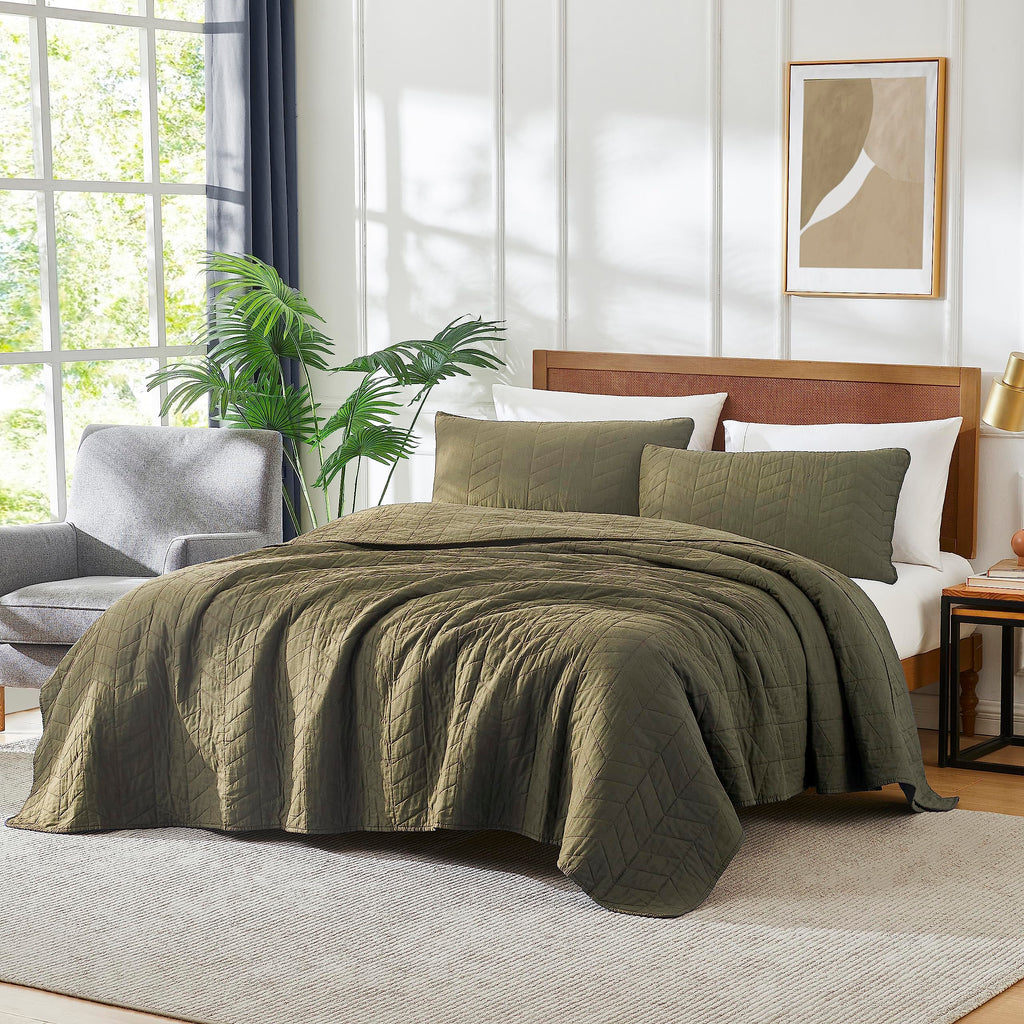 Palassio Green 100% Cotton Quilt King Size Bedding Sets With Pillow Shams, Olive Lightweight Soft Bedspread Coverlet, Sage Quilt