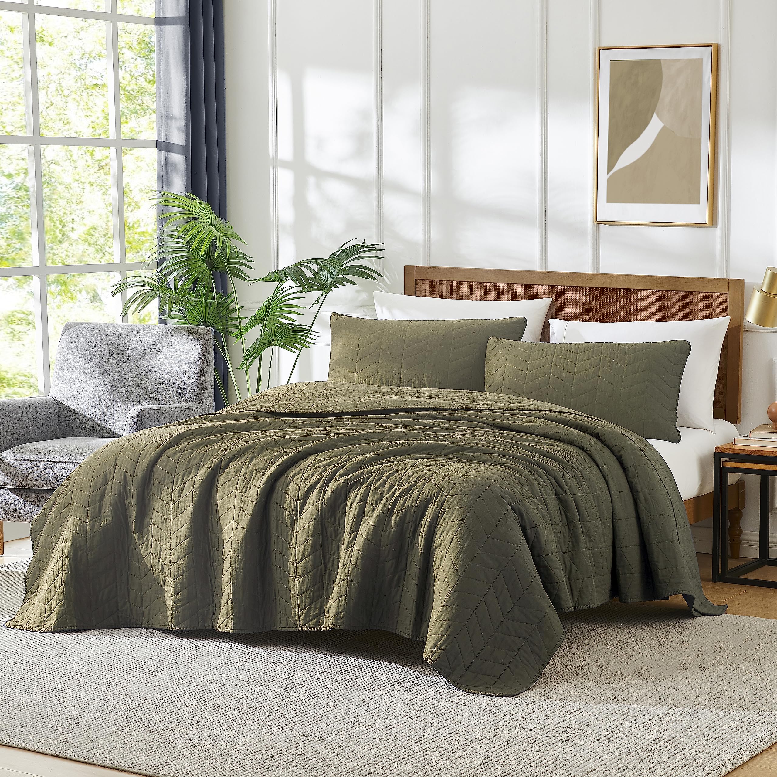 Palassio Green 100% Cotton Quilt King Size Bedding Sets With Pillow Shams, Olive Lightweight Soft Bedspread Coverlet, Sage Quilt