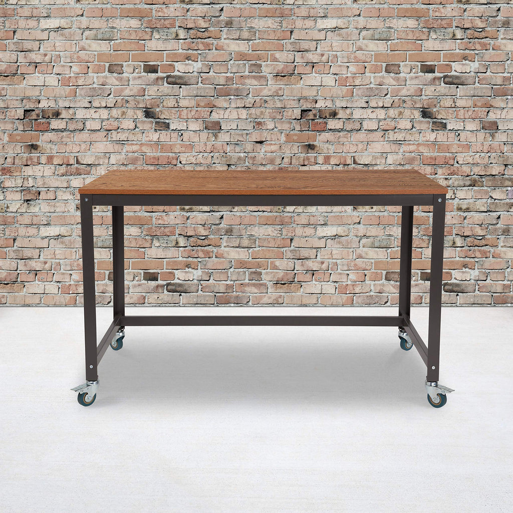 Flash Furniture Livingston Collection Computer Table And Desk In Brown Oak Wood Grain Finish With Metal Wheels