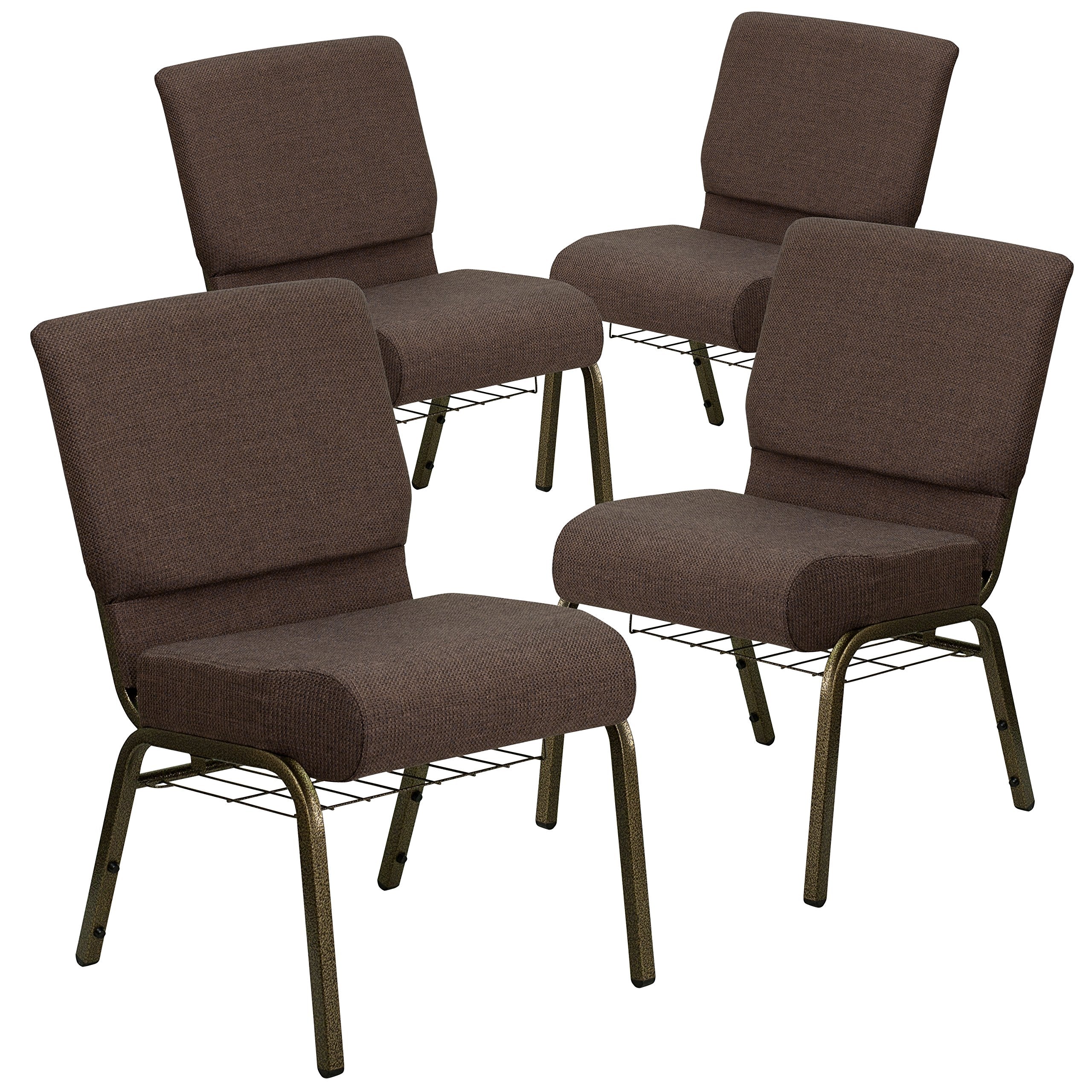 4 Pk. 21 Extra Wide Brown Fabric Church Chair, Cup Book Rack - Gold Vein Frame