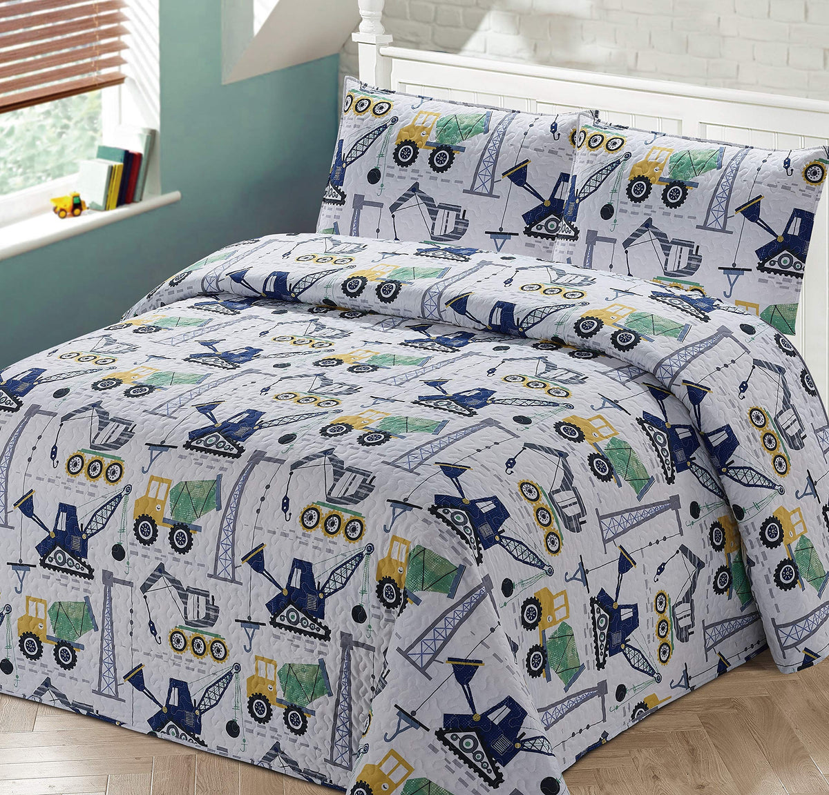2Pc Twin Bedspread Coverlet Quilt Set Kids/Teens Boys Construction Crane Trucks Cement Truck White Blue Green Black Grey New