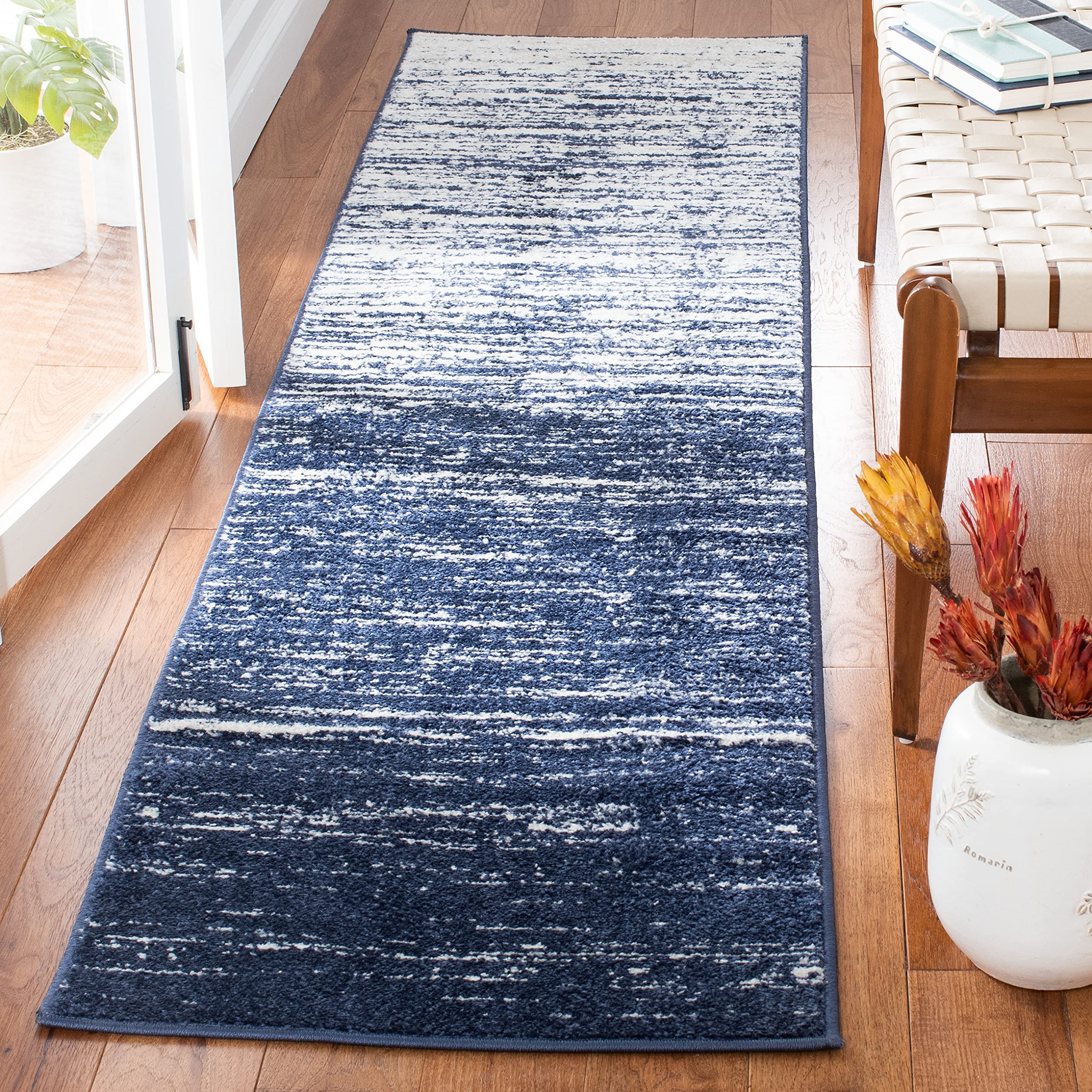 SAFAVIEH Adirondack Collection Runner Rug - 22 x 9, Navy & Ivory, Modern Ombre Design, Non-Shedding & Easy Care, Ideal for Hig