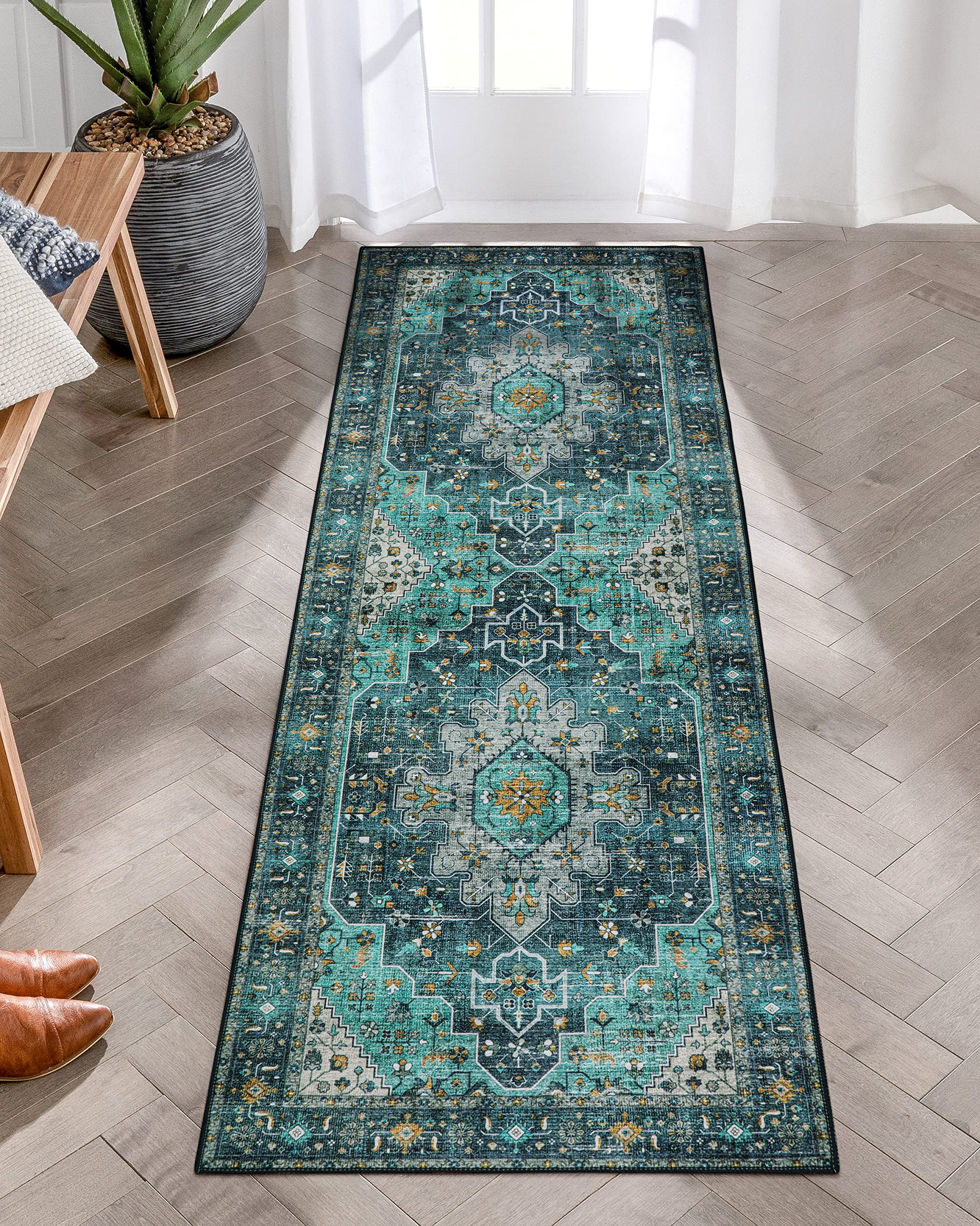 Moynesa Ultra-Thin Washable Runner Rug - 2x6 Teal Non Slip Bathroom Rug Runner Laundry Room Mat, Machine Washable Non-Slip Pet F