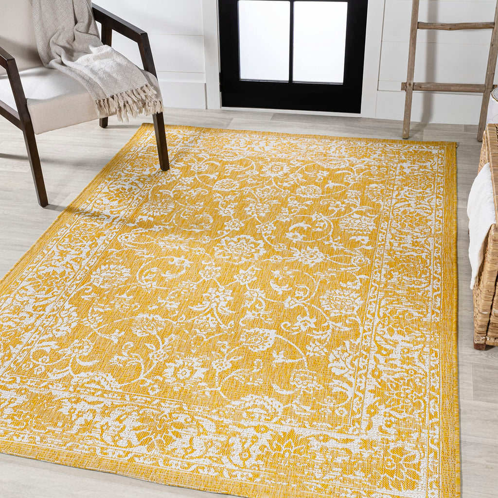 Jonathan Y Smb100E-4 Tela Bohemian Textured Weave Floral Indoor Outdoor Area Rug, Coastal, Traditional, Transitional Easy Cleaning,Bedroom,Kitchen,Backyard,Patio,Non Shedding, Yellow/Cream, 4 X 6