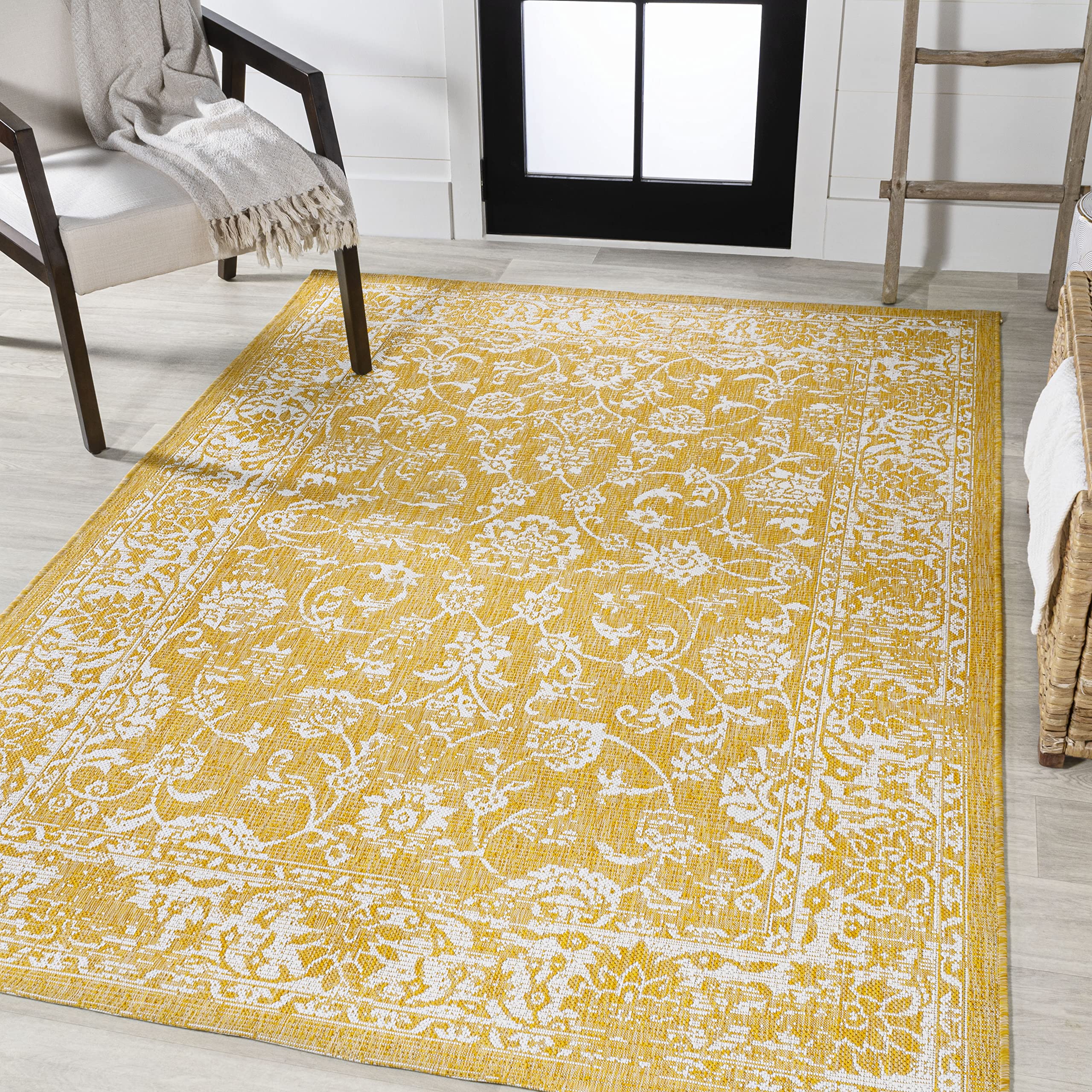 Jonathan Y Smb100E-4 Tela Bohemian Textured Weave Floral Indoor Outdoor Area Rug, Coastal, Traditional, Transitional Easy Cleaning,Bedroom,Kitchen,Backyard,Patio,Non Shedding, Yellow/Cream, 4 X 6