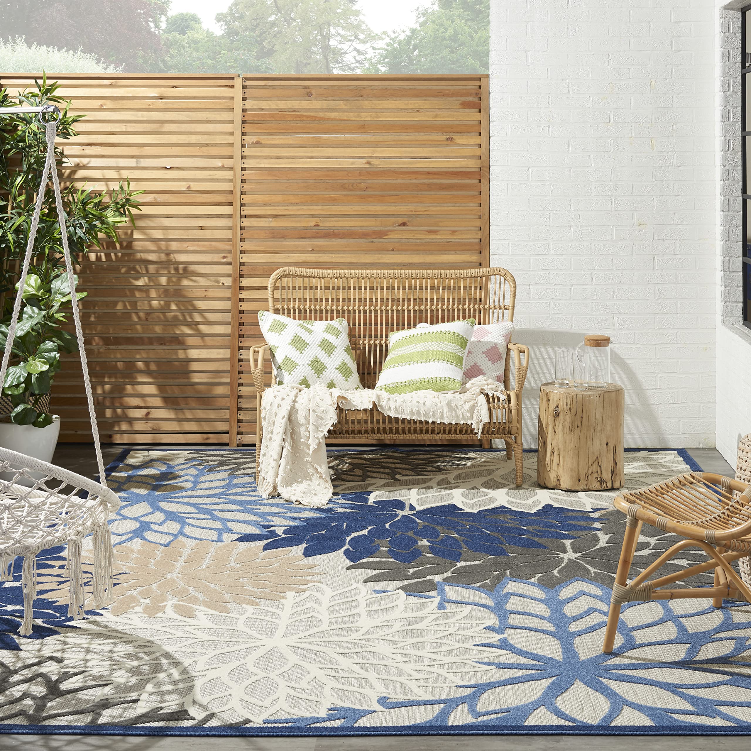 Nourison Aloha Indoor/Outdoor Blue/Multicolor 9' X 12' Area Rug, Tropical, Botanical, Easy Cleaning, Non Shedding, Bed Room, Liv