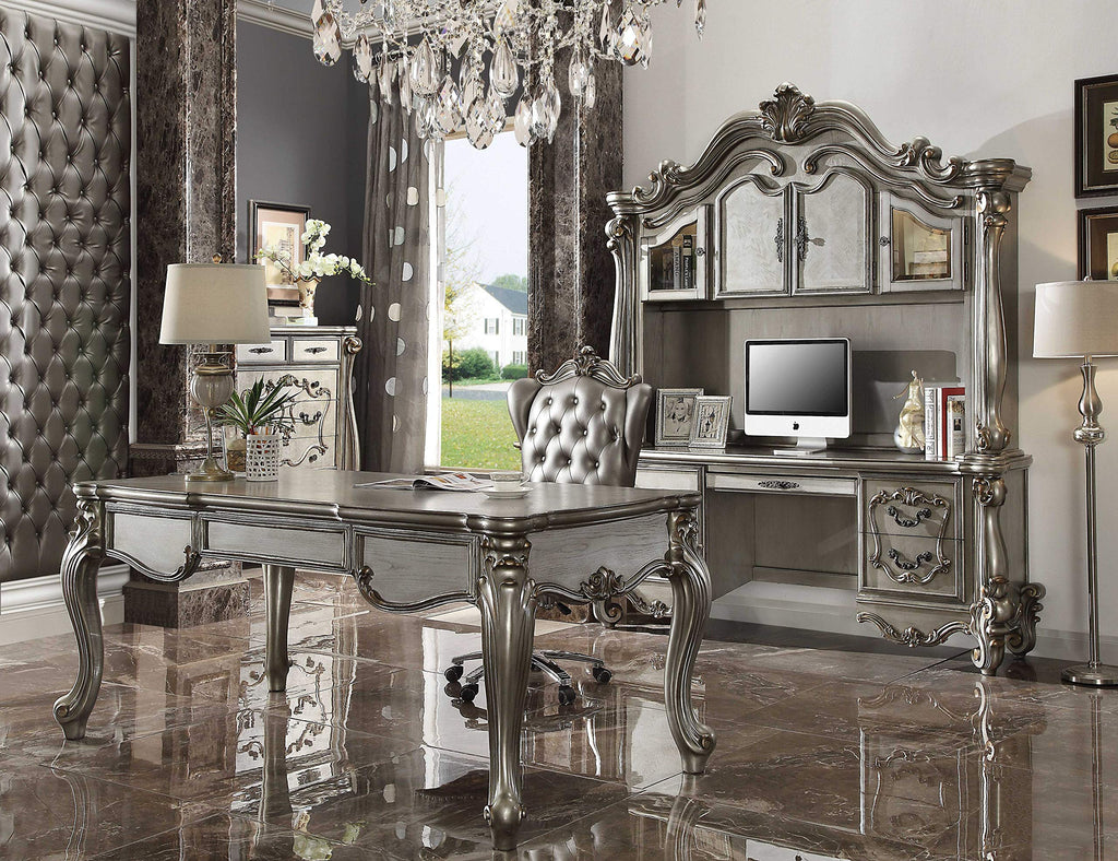 HomeRoots Upholstery, Poly Resin Executive Chair w/Swivel & Lift, Silver PU & Antique Platinum