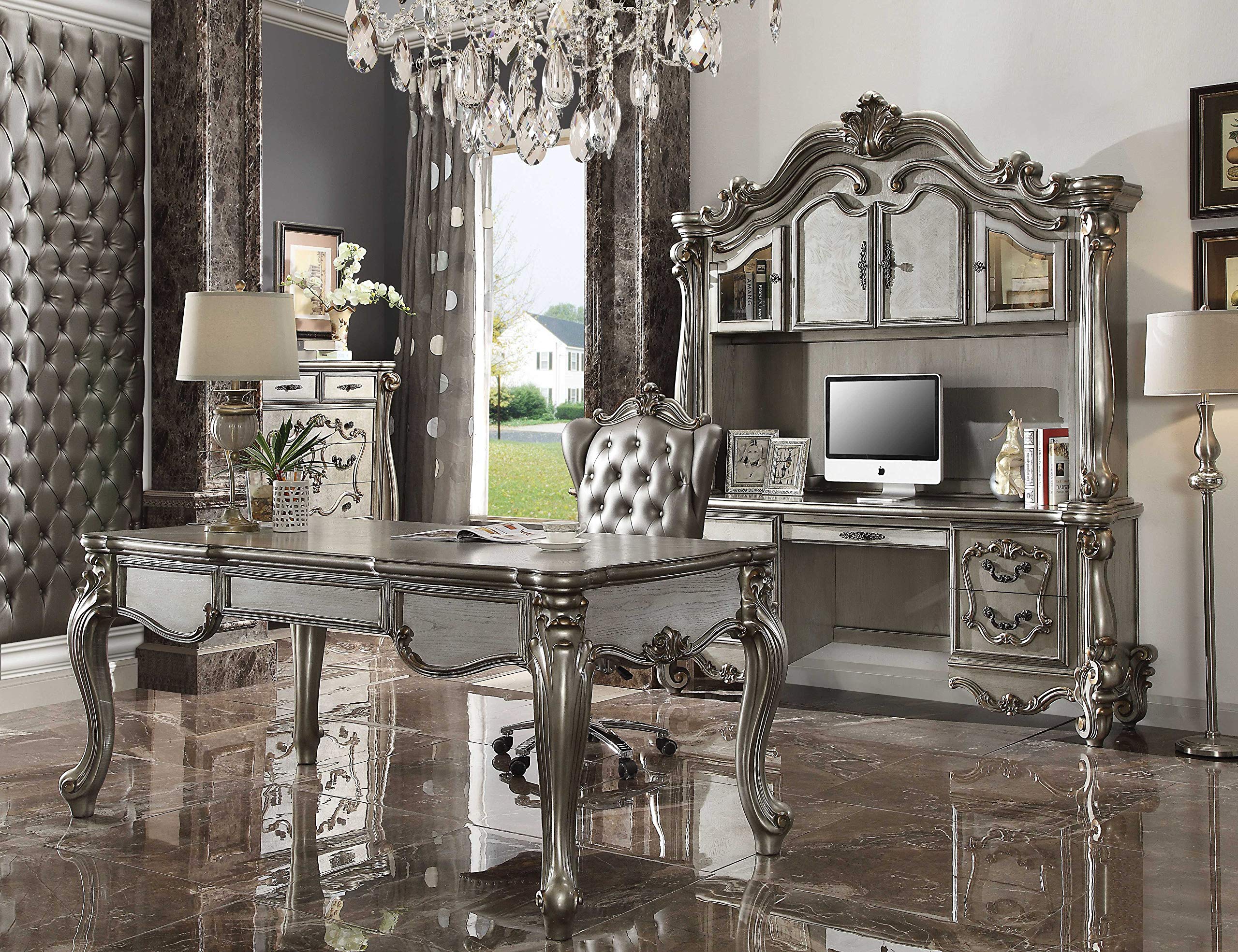 HomeRoots Upholstery, Poly Resin Executive Chair w/Swivel & Lift, Silver PU & Antique Platinum
