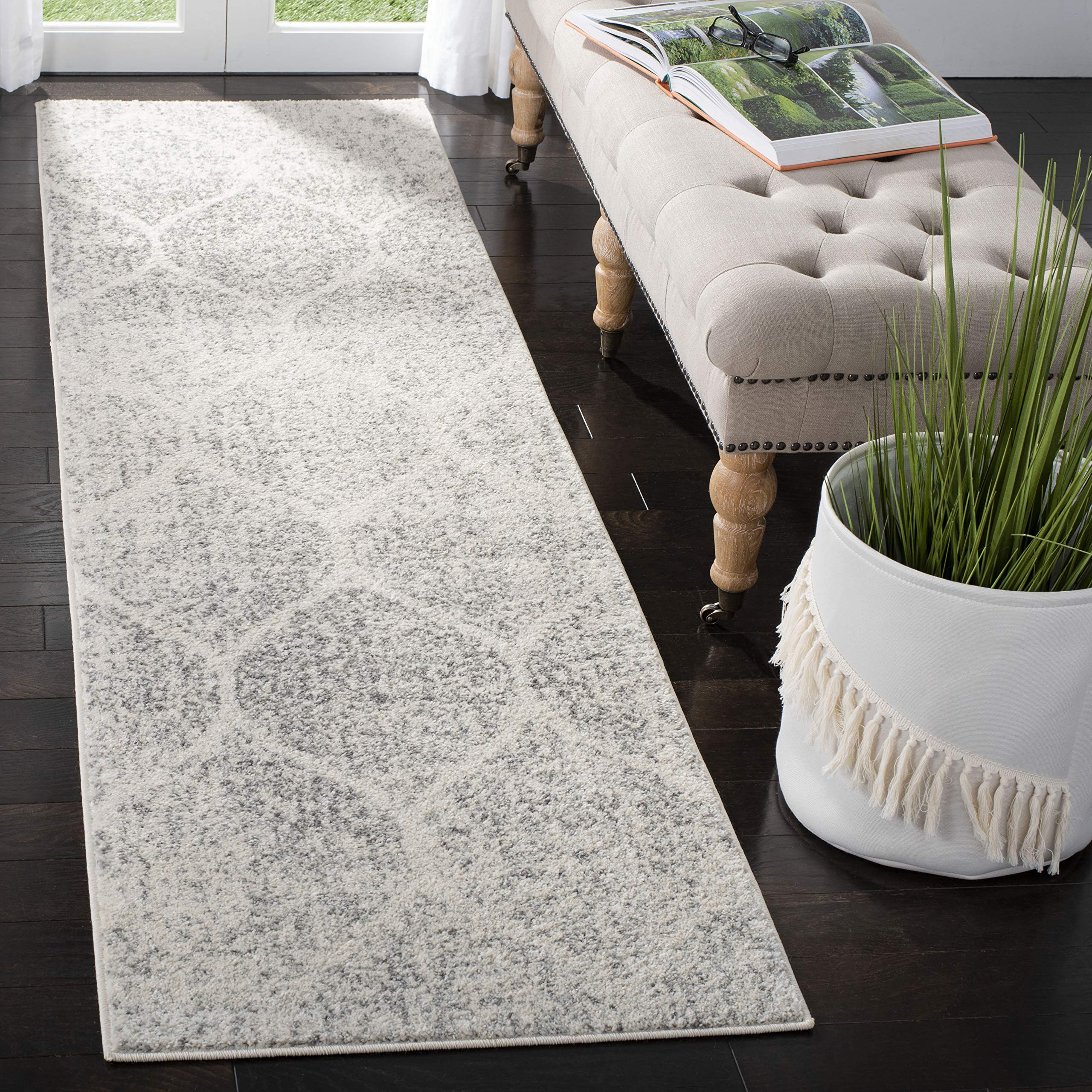 SAFAVIEH Madison Collection Runner Rug - 23 x 10, Ivory & Silver, Glam Ogee Trellis Distressed Design, Non-Shedding & Easy Car