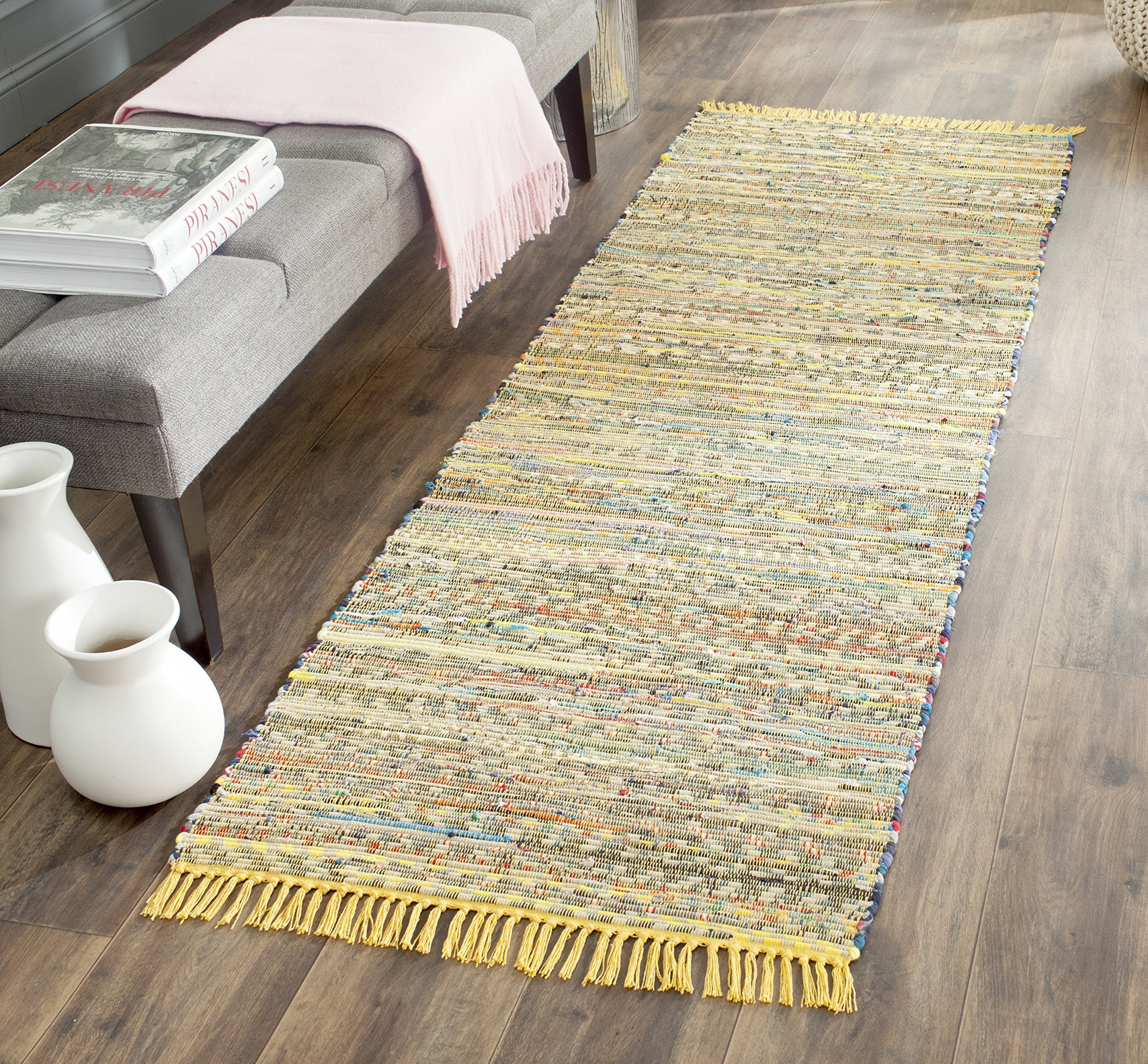 SAFAVIEH Rag Rug Collection Runner Rug - 23 x 9, Yellow & Multi, Handmade Boho Stripe Cotton, Ideal for High Traffic Areas in 