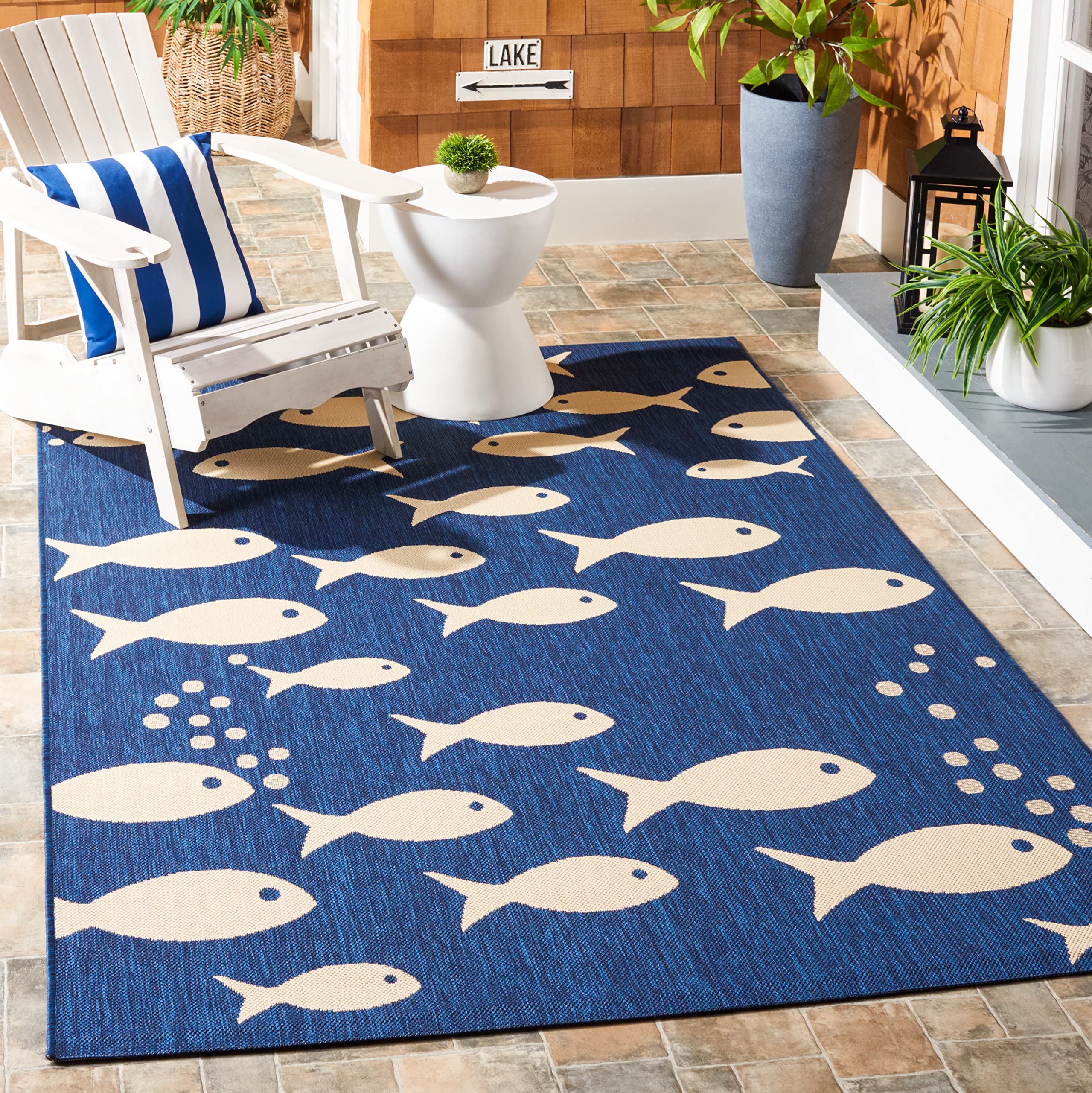 Safavieh Courtyard Collection Accent Rug - 2'7' X 5', Navy & Beige, Non-Shedding & Easy Care, Indoor/Outdoor & Washable-Ideal F