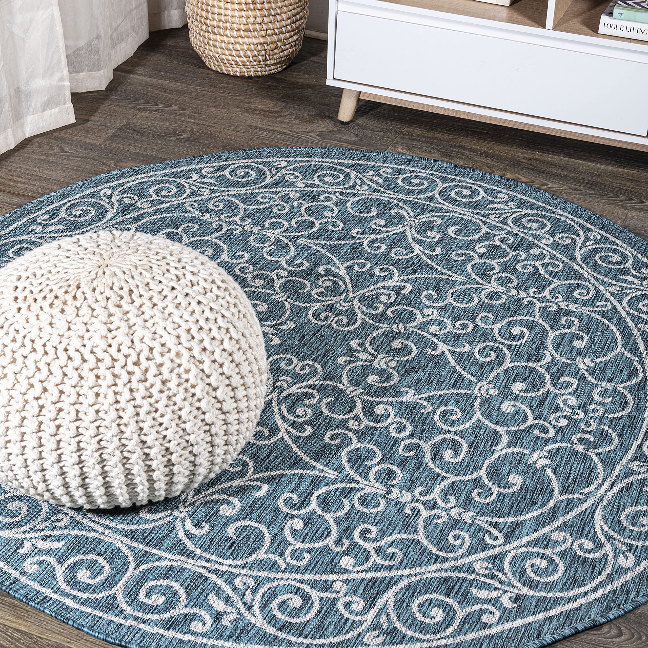JONATHAN Y SMB106F-8R Charleston Vintage Filigree Textured Weave Teal/Gray 8 Round Indoor/Outdoor Area Rug, Pet Friendly, Non-S