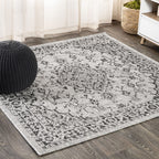 Jonathan Y Smb102D-5Sq Rozetta Boho Medallion Textured Weave Indoor Outdoor Area Rug Coastal Bohemian Rustic Glam Easy Cleaning Bedroom Kitchen Backyard Patio Non Shedding, 5' Square, Gray/Black