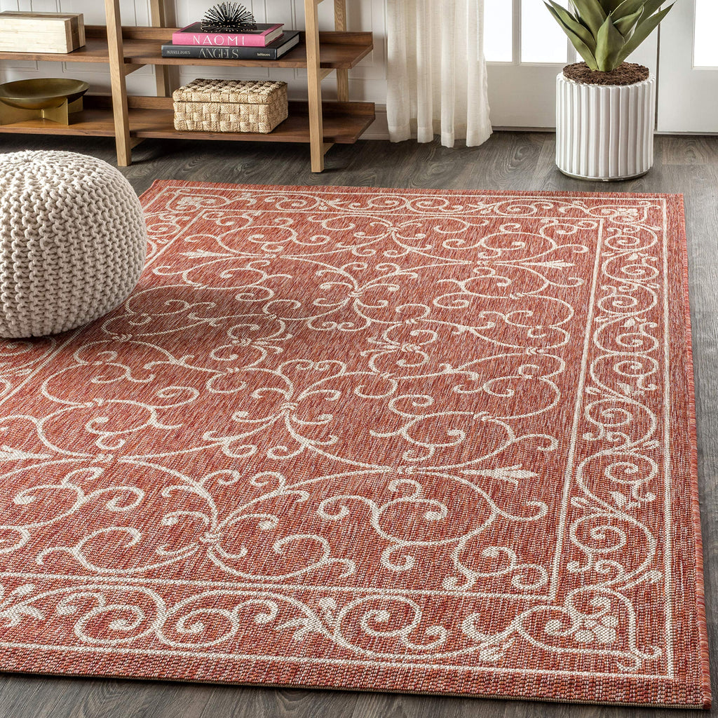 Jonathan Y Charleston Vintage Filigree Textured Weave Indoor/Outdoor Red/Beige 8 Ft. X 10 Ft. Area-Rug, Classic,Easy-Cleaning,Hightraffic,Livingroom,Backyard, Non Shedding (Smb106B-8)