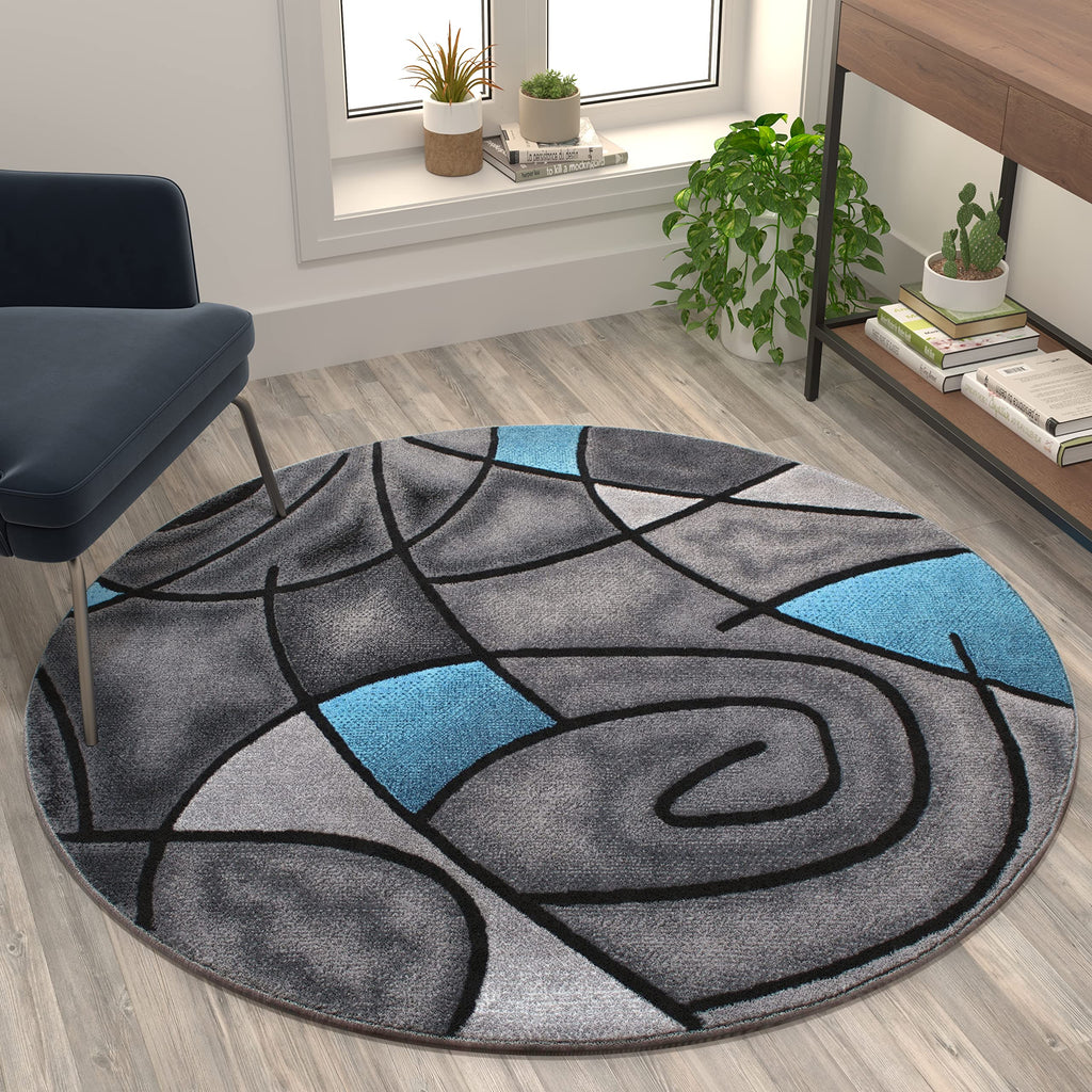Flash Furniture Jubilee Collection Abstract Area Rug - Colorfast Blue Olefin Rug - 5' X 5' Round Area Rug - Jute Backing - Living Room, Bedroom, & Family Room