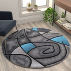 Flash Furniture Jubilee Collection Abstract Area Rug - Colorfast Blue Olefin Rug - 5' X 5' Round Area Rug - Jute Backing - Living Room, Bedroom, & Family Room