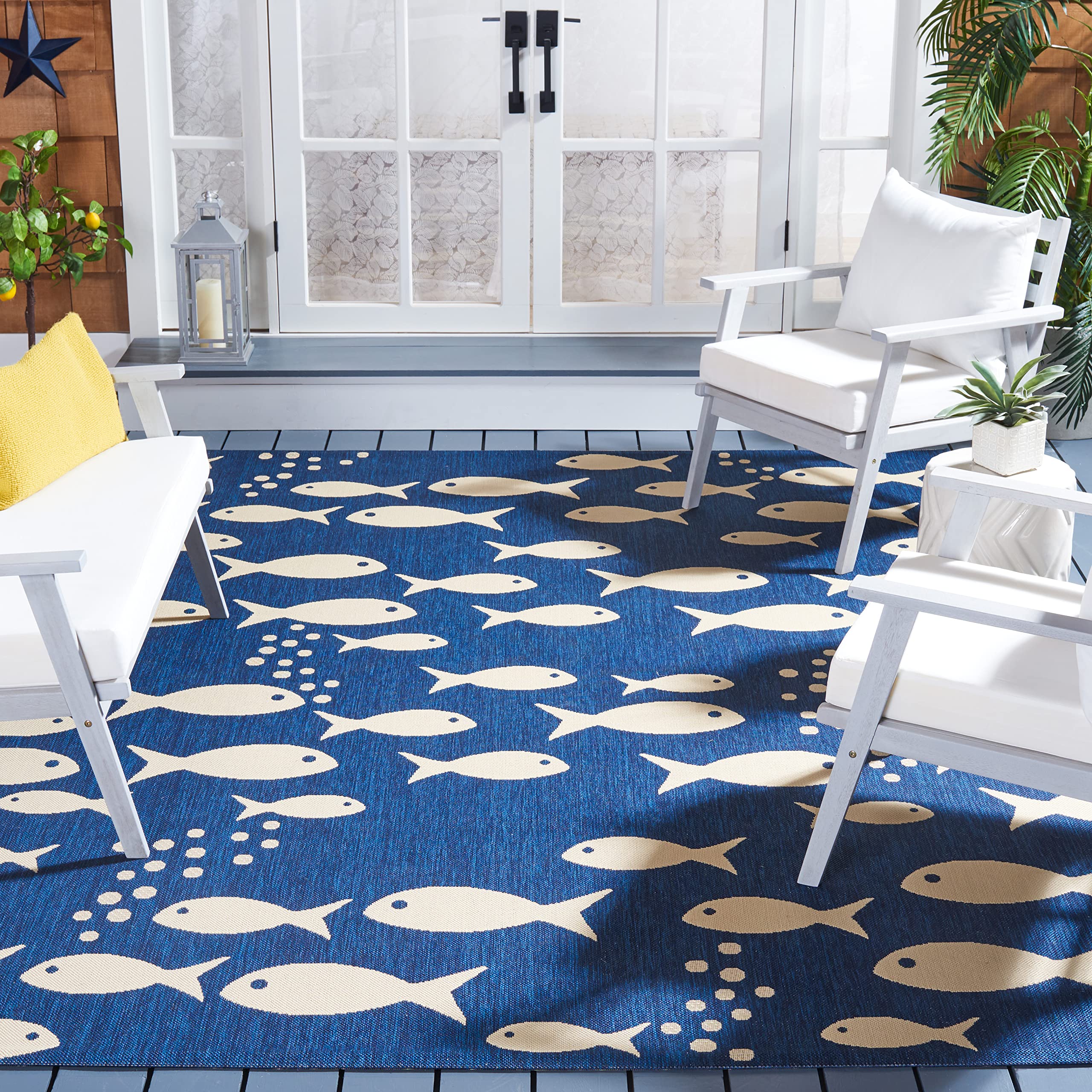 Safavieh Courtyard Collection 7'1' Square Navy/Beige Cy6012 Indoor/Outdoor Waterproof Easy Cleaning Patio Backyard Mudroom Area
