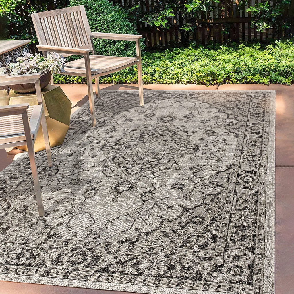 Jonathan Y Smb102D-4 Rozetta Boho Medallion Textured Weave Indoor Outdoor Area -Rug Coastal Bohemian Rustic Glam Easy -Cleaning Bedroom Kitchen Backyard Patio Non Shedding, 4 X 6, Gray/Black