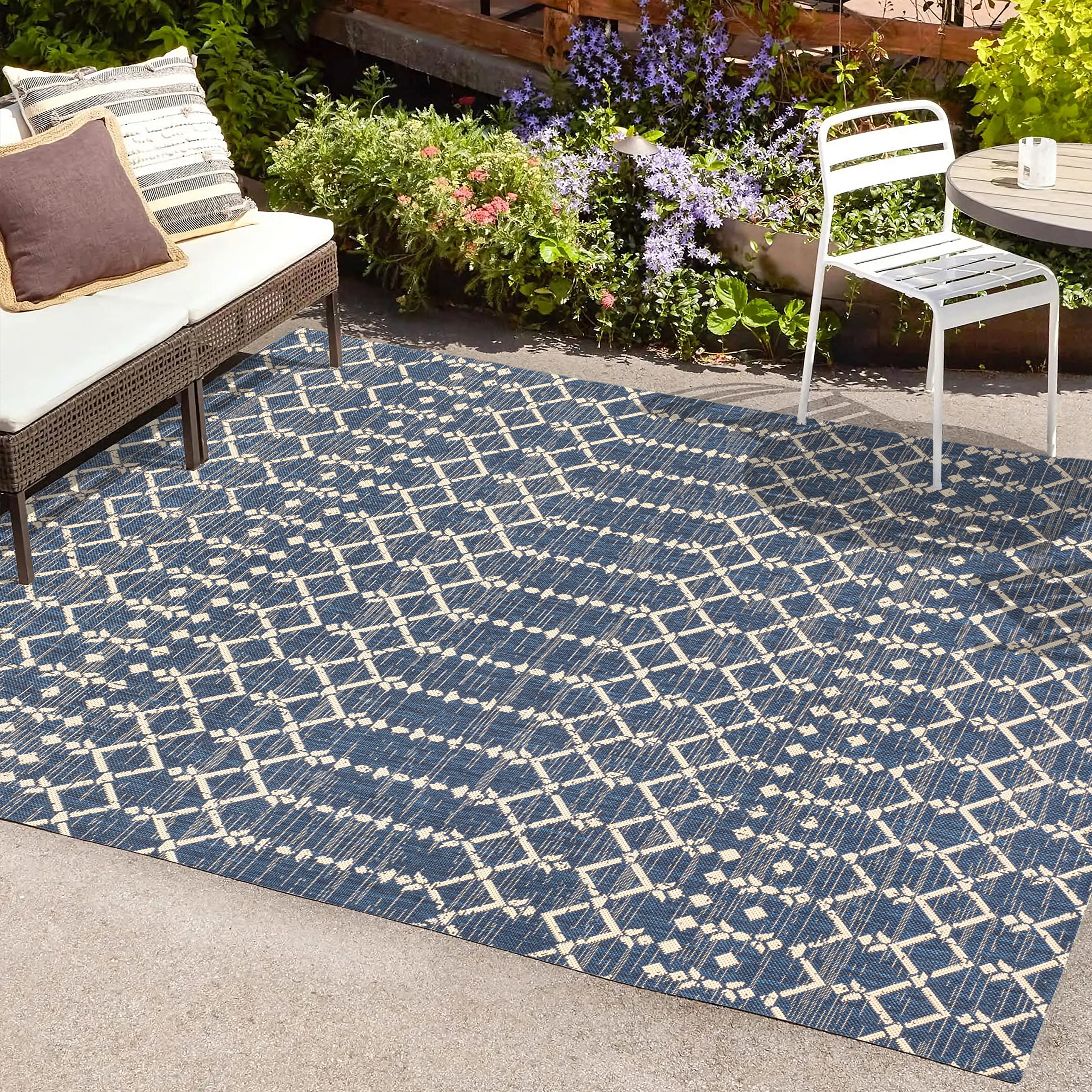 Jonathan Y Smb108K-4 Ourika Moroccan Geometric Textured Weave Indoor Outdoor Area-Rug, Bohemian Coastal Traditional Easy-Cleaning,Bedroom,Kitchen,Backyard,Patio,Non Shedding, 4 X 6, Navy/Beige