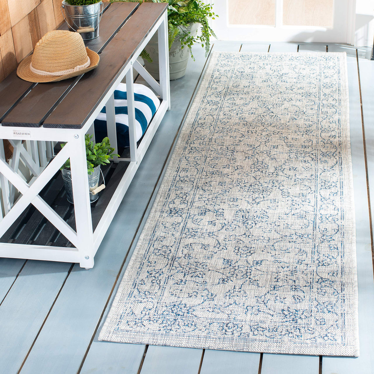 Safavieh Courtyard Collection 2'3' X 22' Grey/Navy Cy8680 Indoor/ Outside Waterproof Easy Cleansingpatio Backyard Mudroom Runne