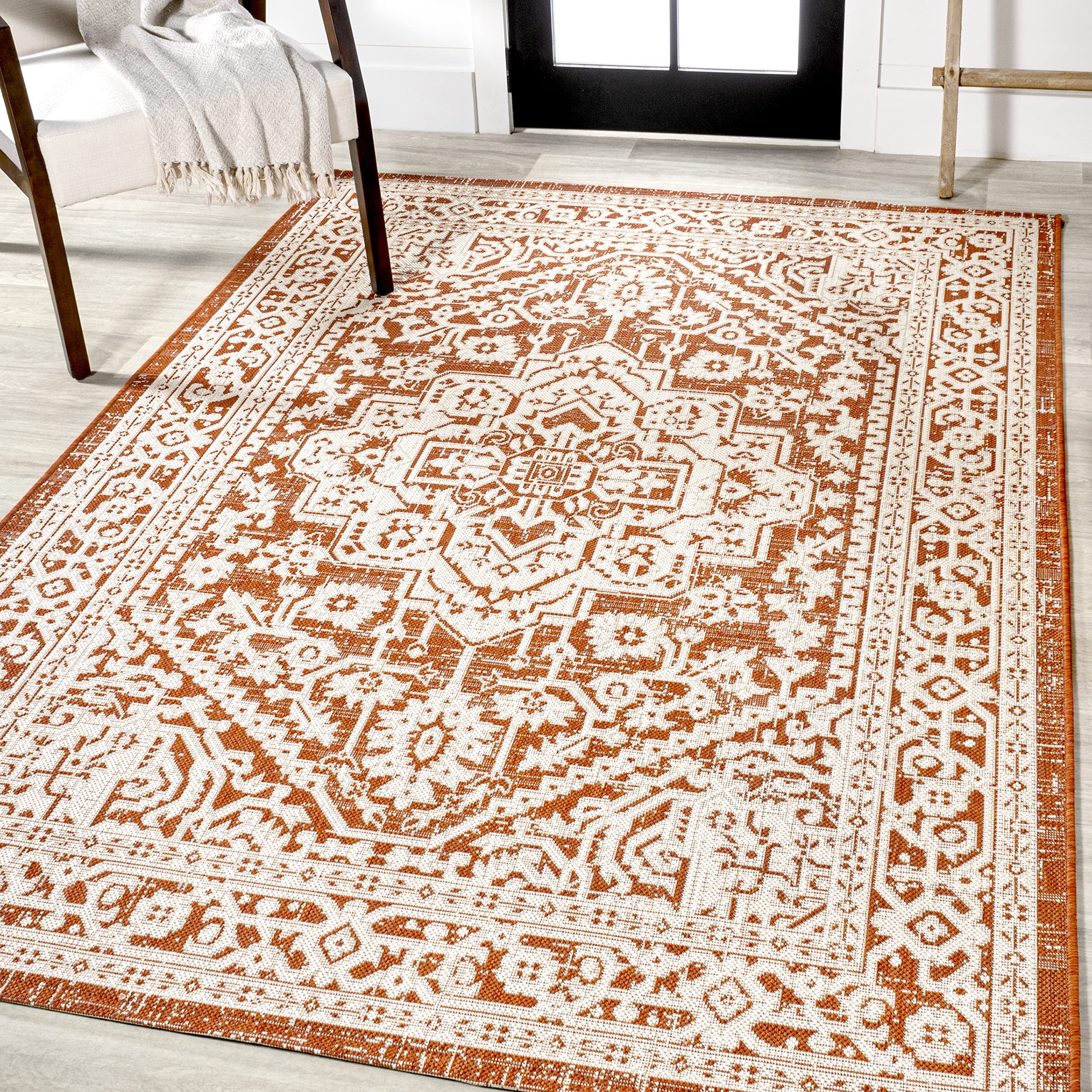 Jonathan Y Smb101F-3 Sinjuri Medallion Textured Weave Indoor Outdoor Area-Rug, Coastal, Traditional, Transitional Easy-Cleaning,