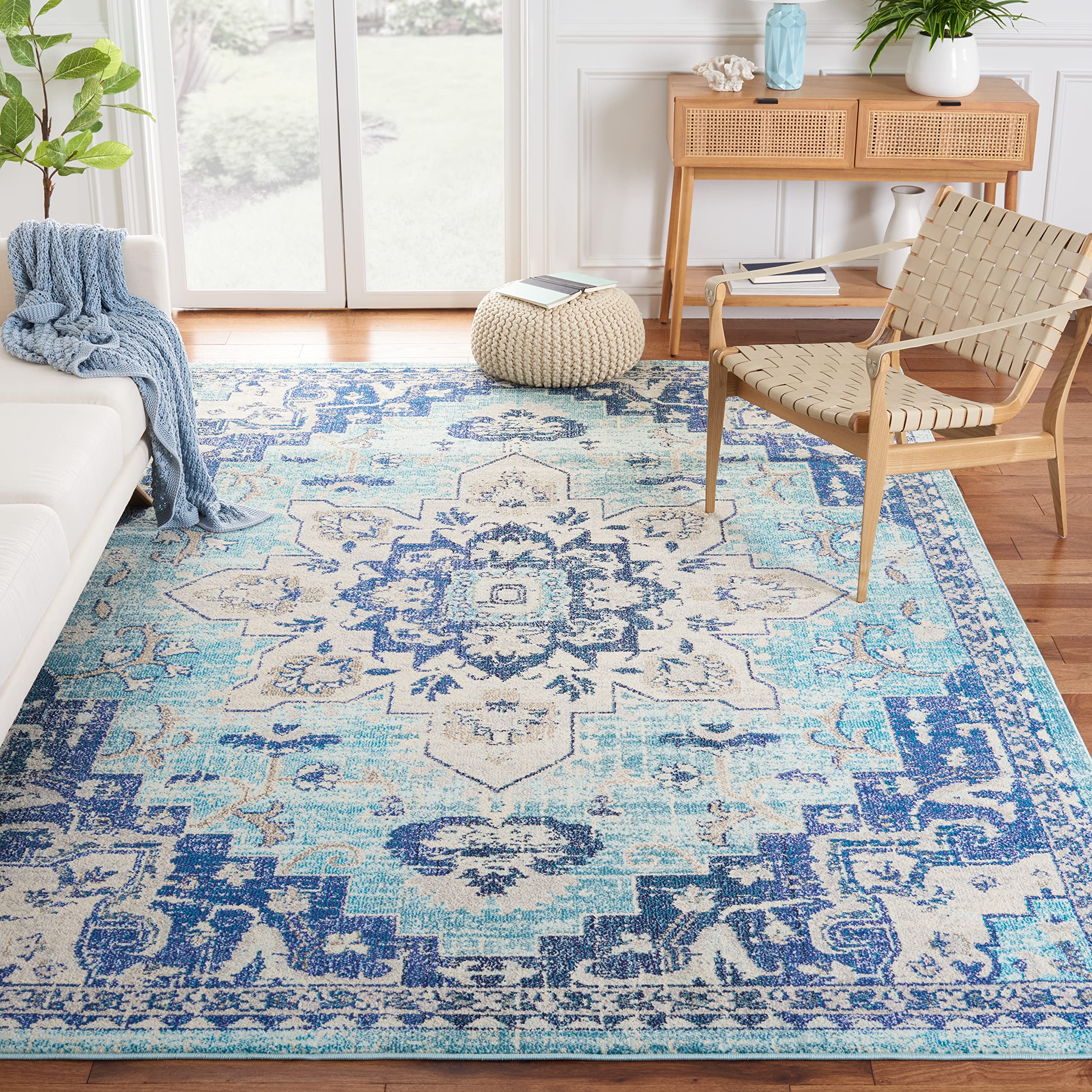 SAFAVIEH Madison Collection X-Large Area Rug - 12 x 15, Teal & Navy, Boho Chic Medallion Distressed Design, Non-Shedding & Eas