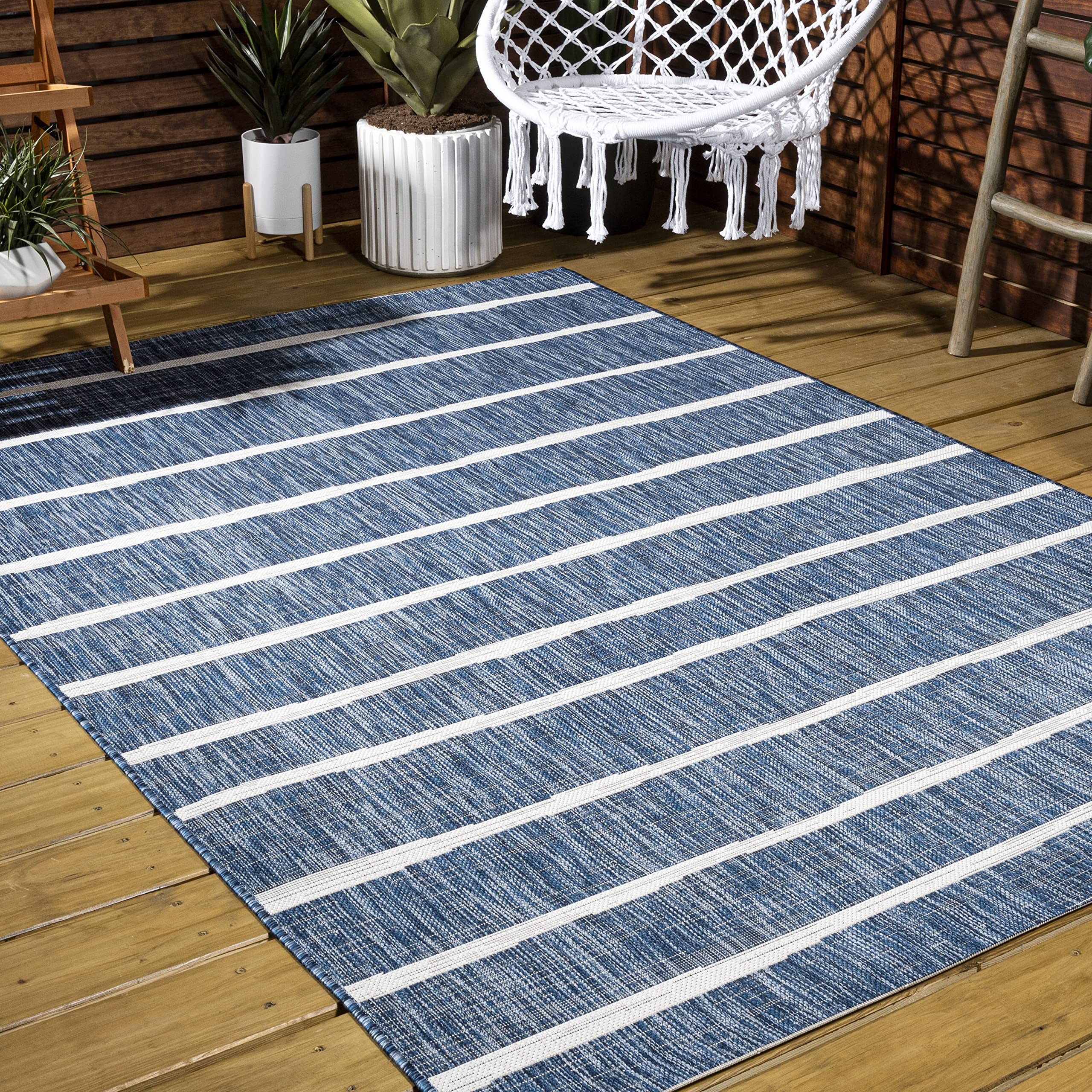 JONATHAN Y SMB125C-14 Colonia Berber Stripe Blue/Ivory 10 ft. x 14 ft. Indoor/Outdoor Area Rug, Pet Friendly, Non-Shedding, Stai
